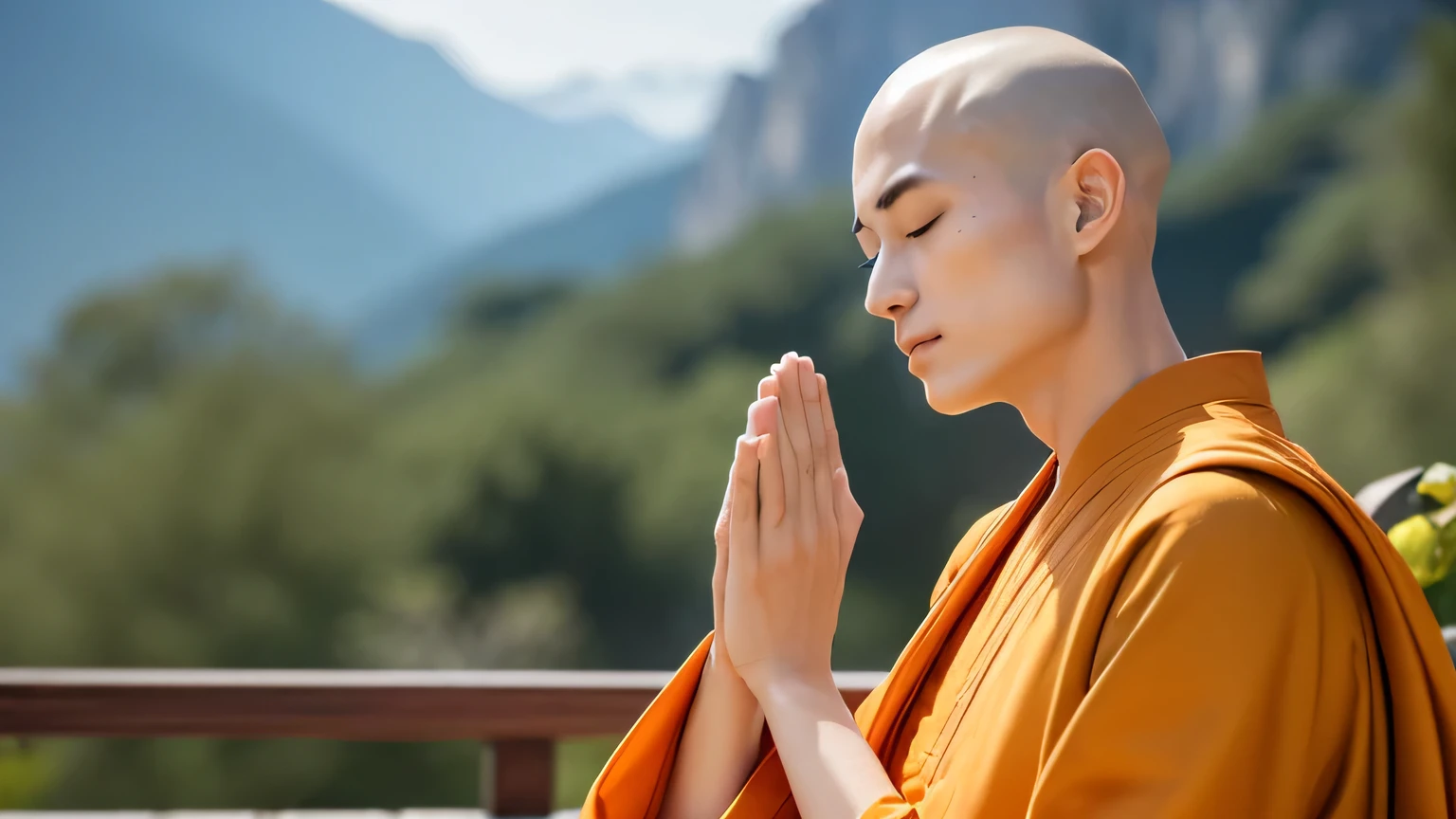 highest quality、highest quality、realistic、unity、8k wallpaper、official art、Highly detailed CG unity 8k wallpaper、Super detailed、High resolution、Physically based rendering、Super detailed,growing up, finely,The only handsome monk, (no hair:1.3), (close your eyes:1.4), (palms together), (meditating), (The face tends to be a little downcast), whole body, (back correction),slim face, beautiful young monk, highly detailed face, very beautiful face, fine eyes, view, blurred background, (Front view:1.3), (monk's robe:1.3), (Don'show as little skin as possible), (Sit and meditate in the lotus position:1.3), (Stay away from the camera), (Facing the camera forward), frontage, slim face, Tibetan mountain background, professional lighting, (illuminate the face:1.3)