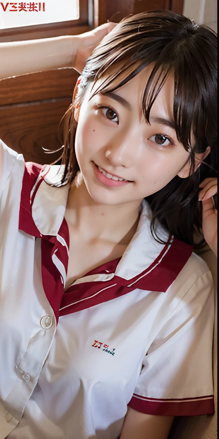 ulzzang-6500-v1.1, (Raw photo:1.2), (Photorealistic:1.4), Beautiful detailed girl, Very detailed eyes and face, Beautiful detailed eyes, Huge file size, (Big), High Resolution, Very detailed, Best quality, [Masterpiece:1.6], [JK Uniform], Illustration, Very detailed, CG, Fine detail, Best quality, Highly detailed CG uniform 8k wallpaper, movie lighting, 1 girl, , cute Japan high school girl, perfect figure, [unbuttoned white school blouse], large taut breasts, [huge breasts, heavy breasts: 1.6], cute droopy eyes, beautiful big eyes, white school blouse, see-through bra, sweaty and wet, [sexual arousal: 1.1], [Sexual arousal: 1.1] Lying in bed: 1.5], hands raised, school uniform ribbon around the neck, smile, (the whole body is wet), shining eyes