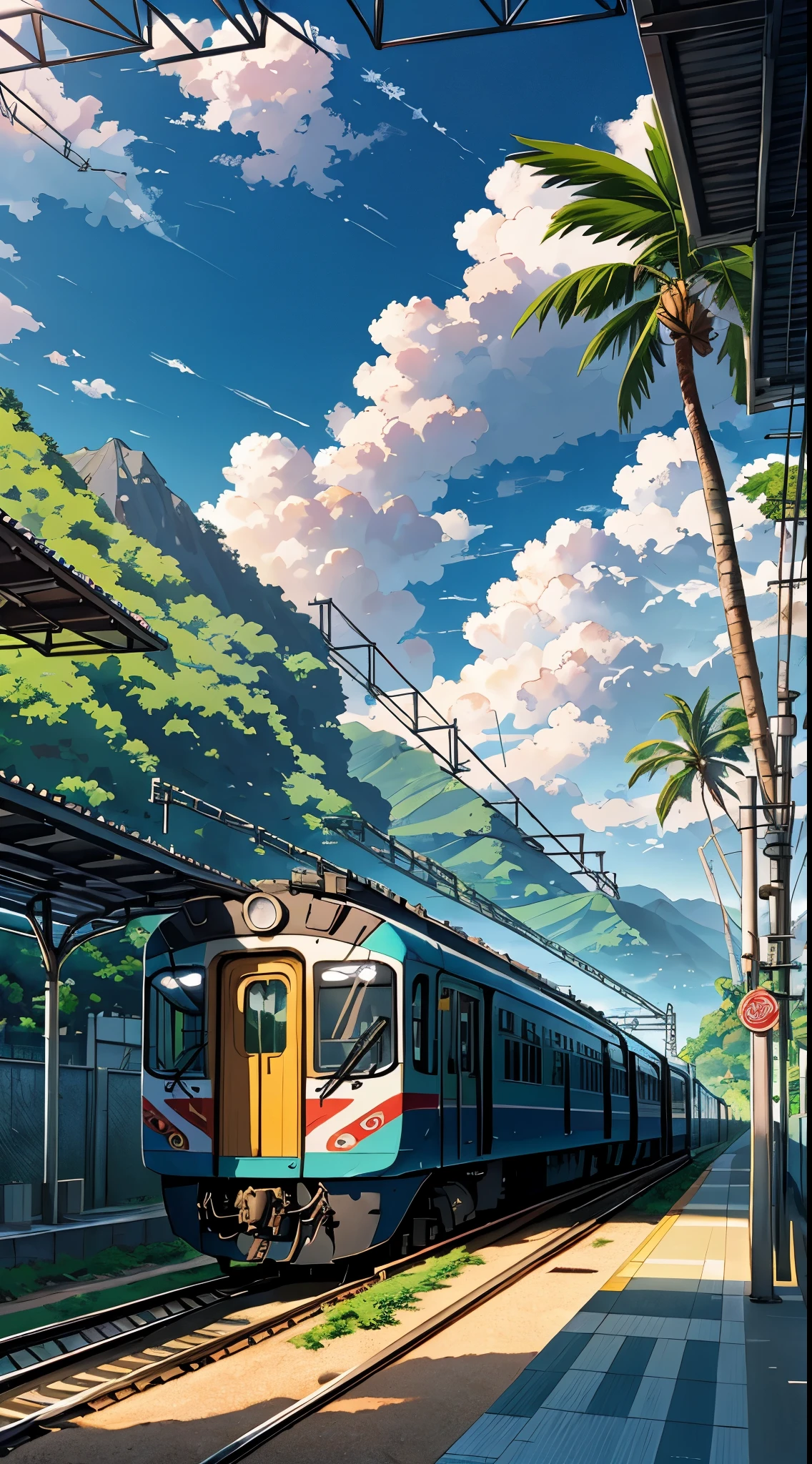 landscape, vntrainstation, train, coconut tree, bokeh, anime style, beach, cloudy, blue sky, 