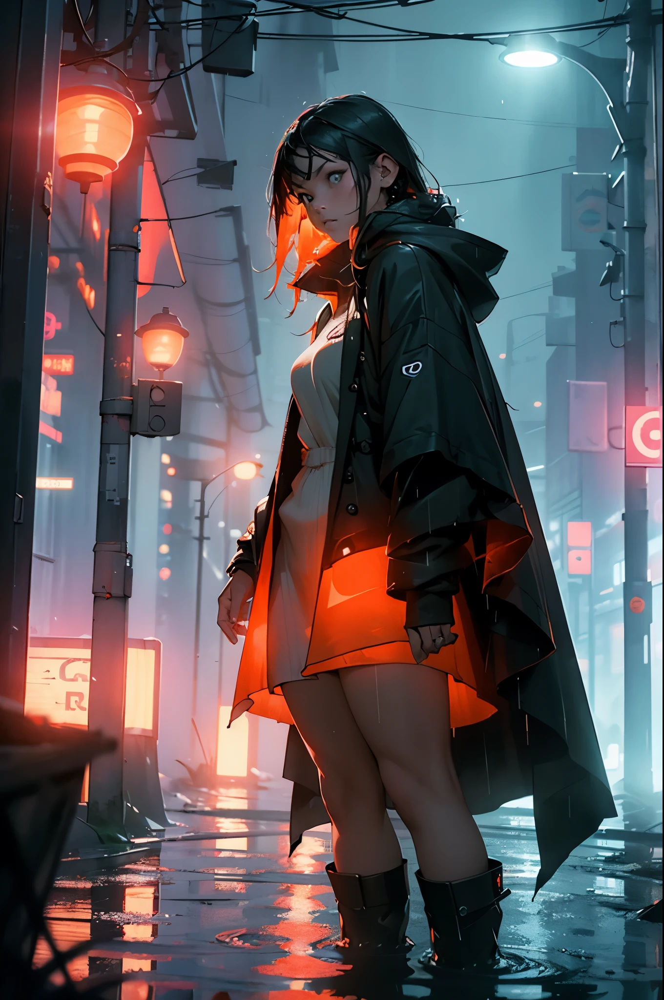 (ultra photoreal sim:1.3),(grainy:0.8), Natural light, future city, (it rained:1.3), (dark:1.3), (thick fog:1.2), red light, orange light, Girl with blue light, hooded cape, light logo, cyberpunk clothing, red light, orange light,(Electric Color:0.7)