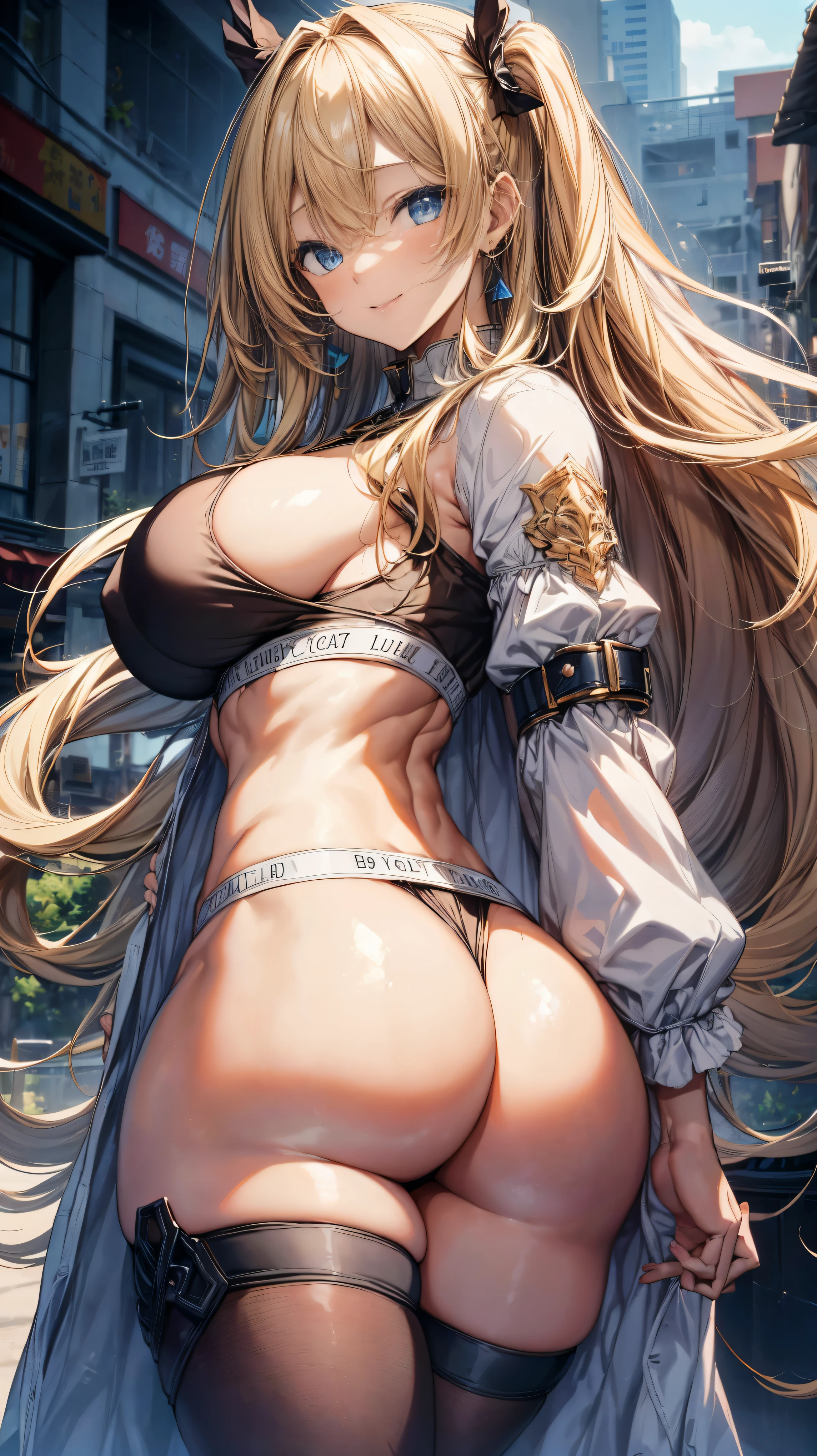 sensual, ((long blonde curly hair)), thick thighs, 8k, 4k, highest quality, High resolution:1.2), cute anime face, noise reduction, ((shining blue eyes, gentle smile, kind eyes))、toned abdominal muscles, muscular arms, muscular legs, young face, anime eyes, (((big breasts、A chest that is about to burst)))、(((bondage style)))、(((Rear view、I'I'll turn around、emphasize the buttocks、T-back that digs into your butt)))、(((white string)))