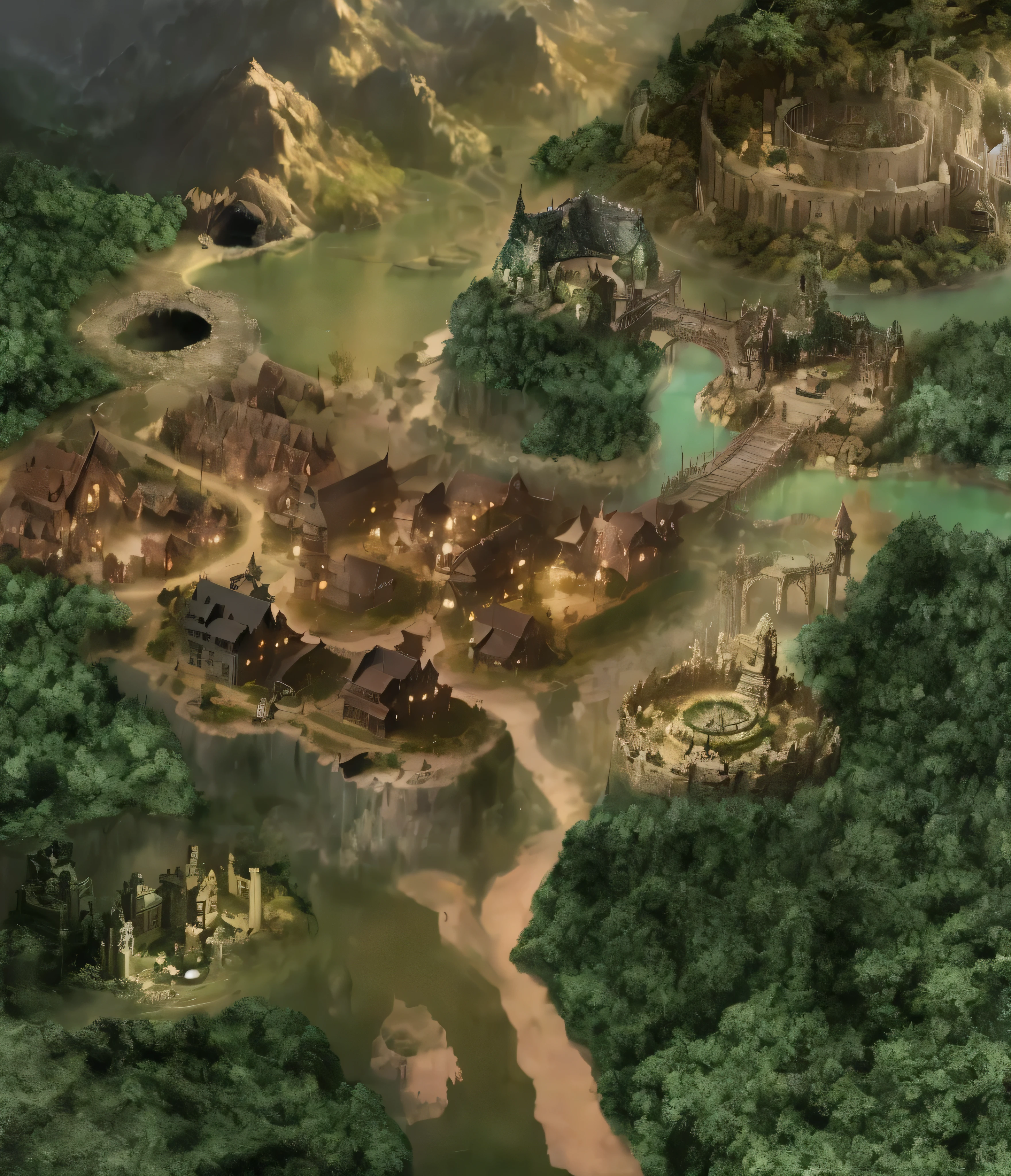 The Enchanted Forest of Middle-earth,map,Dark Enchanted Forest,bird'eye view,Large viewing angle,森林里有一个grave,cross,Mass graves,cemetery,cemetery,cross,左下角的cemetery,cemetery,tombstone,grave,森林里的cemetery,Many abandoned ruins,Ancient ruins。Suspension bridge over the river,medieval european village,There is a big pit behind the village,There is a cave in the distance,Many stone buildings still remain,Remnants of ancient civilizations,(masterpiece, best quality:1.5), Ridiculous, intricate details, 8k, fantasy, Retro art style, LODBG, no humans, Outdoor sports, Sky, cloud, water, tree, cloudy Sky, nature, landscape, reflection, Sunset, ruins, pillar, moss, Overgrown, Volumetric lighting, perfect composition, Very detailed, extremely detailed landscape, (super detailed)