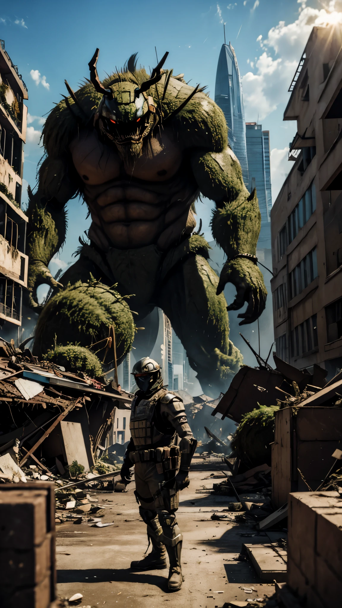 Ant monster, with many troops behind him, in a city that is in ruins