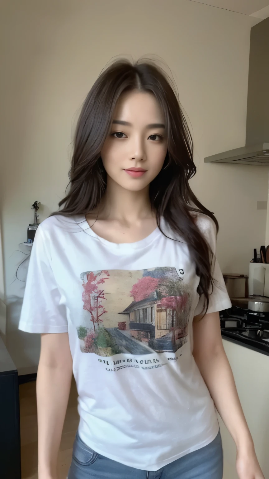 ((top-quality、8k、masterpiece:1.3))、Beautiful woman with perfect body:1.4、slim abdomen:1.2、Longhair, normal breast, Highly detailed facial and skin texture, A detailed eye, delicate eyes, double eyelid, (smile), (full body shot), ((kitchen)), (standing), (((wearing casual t-shirt)), looking in front