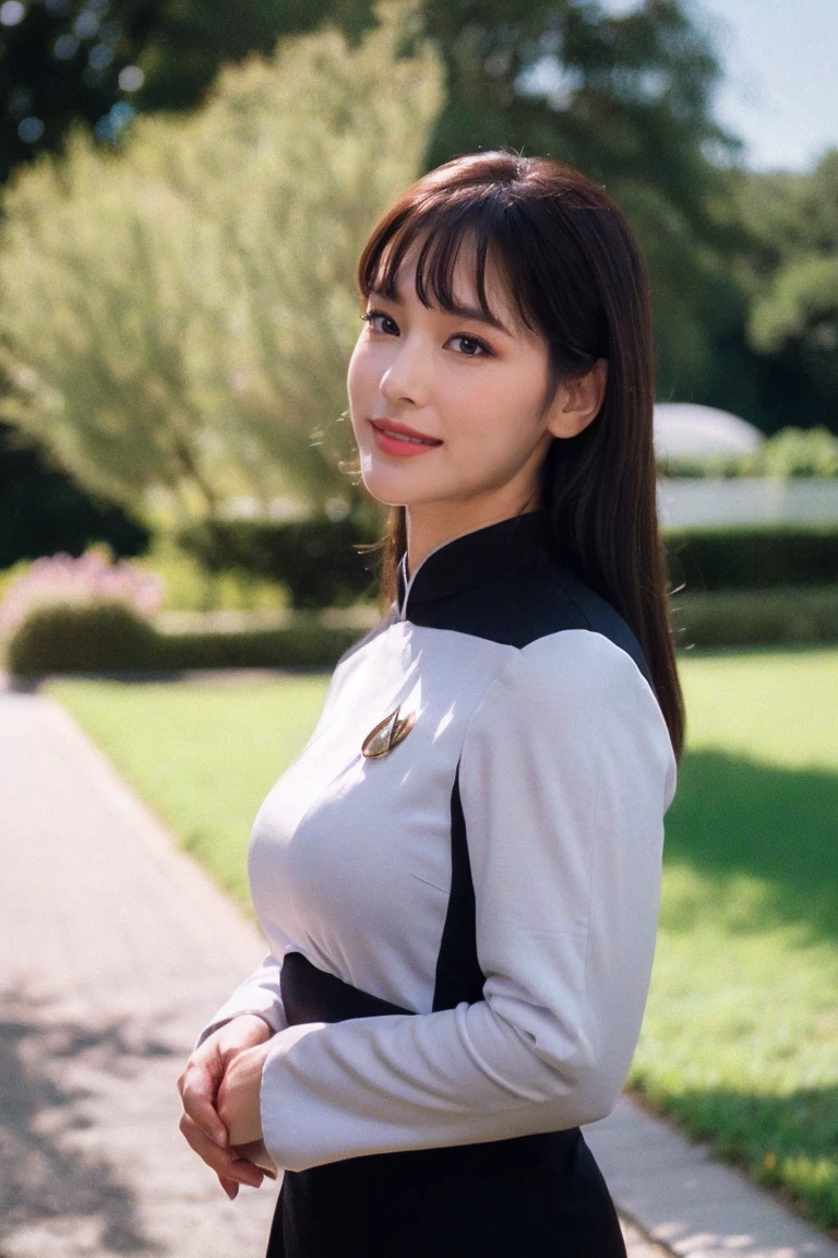 medium view, medium shot, written boundary depth, bust, Upper body, cinematic angle, masterpiece, highest quality, Super detailed, CG, 8k wallpaper, beautiful face, delicate eyes, maiden, alone, smile, bangs, s3stngunf uniform,skirt, bouquet