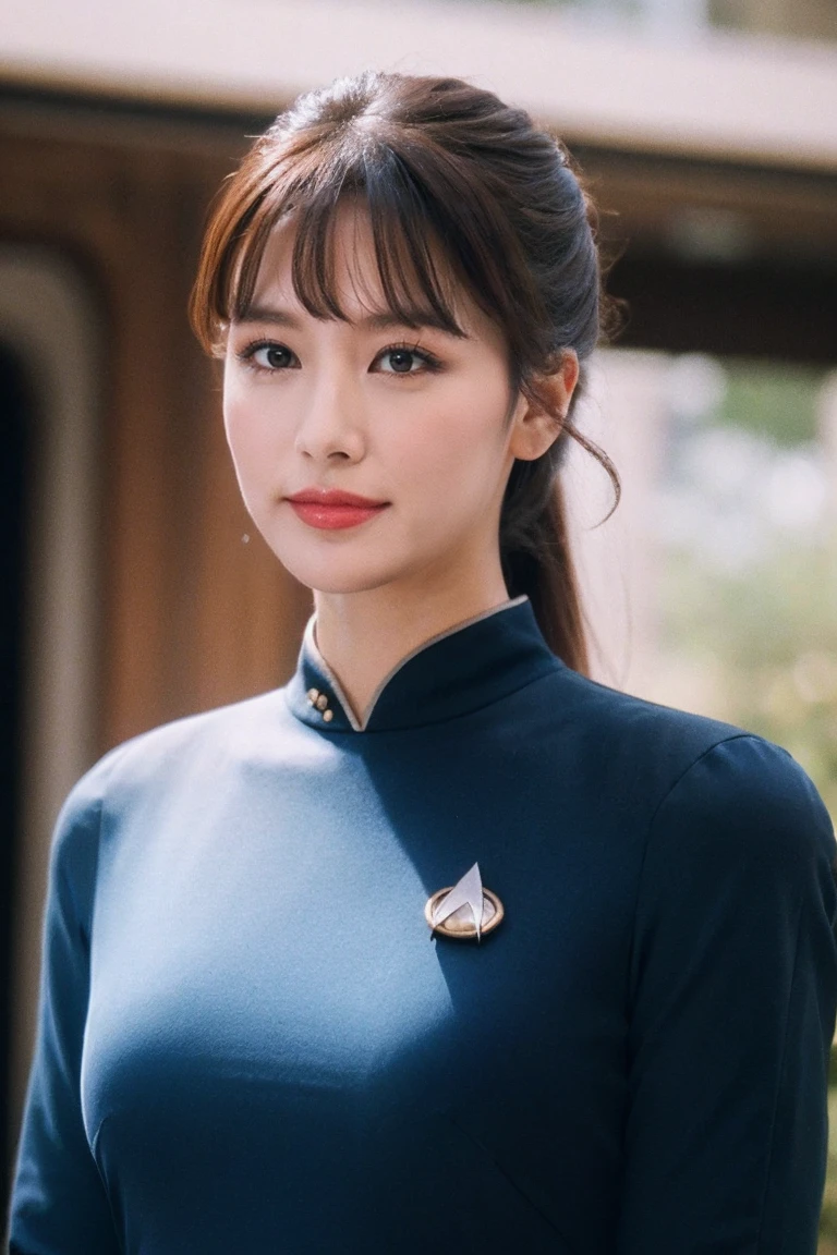 medium view, medium shot, written boundary depth, bust, Upper body, cinematic angle, masterpiece, highest quality, Super detailed, CG, 8k wallpaper, beautiful face, delicate eyes, maiden, alone, smile, bangs, s3stngunf uniform,skirt, bouquet