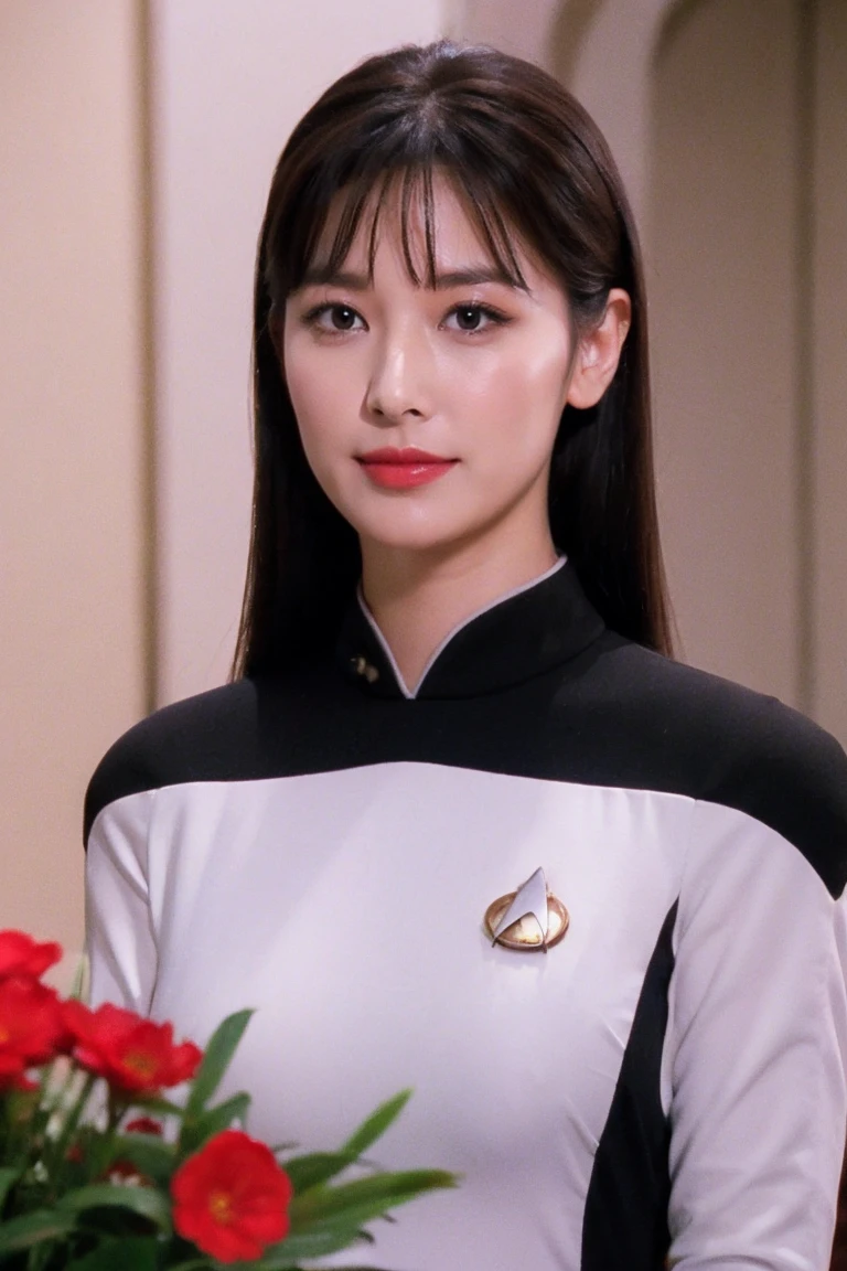 medium view, medium shot, written boundary depth, bust, Upper body, cinematic angle, masterpiece, highest quality, Super detailed, CG, 8k wallpaper, beautiful face, delicate eyes, maiden, alone, smile, bangs, s3stngunf uniform,skirt, bouquet