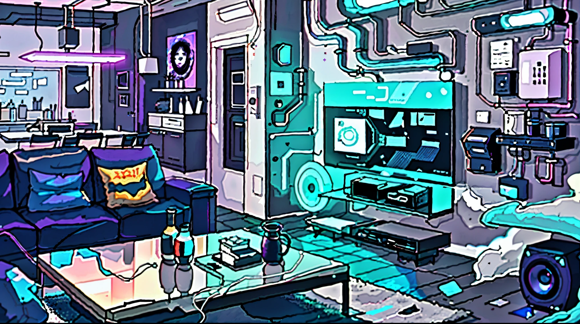 there is a living room with a couch and a television, gaming room in 2 0 4 0, in a cyberpunk themed room, futuristic looking living room, cyberpunk apartment, the cyberpunk apartment, apartment set in the near future, cyberpunk interior, futuristic room, cyberpunk setting, cyberpunk ager bedroom, futuristic setting, retro futuristic apartment, sci fi engine room living room, futuristic interior