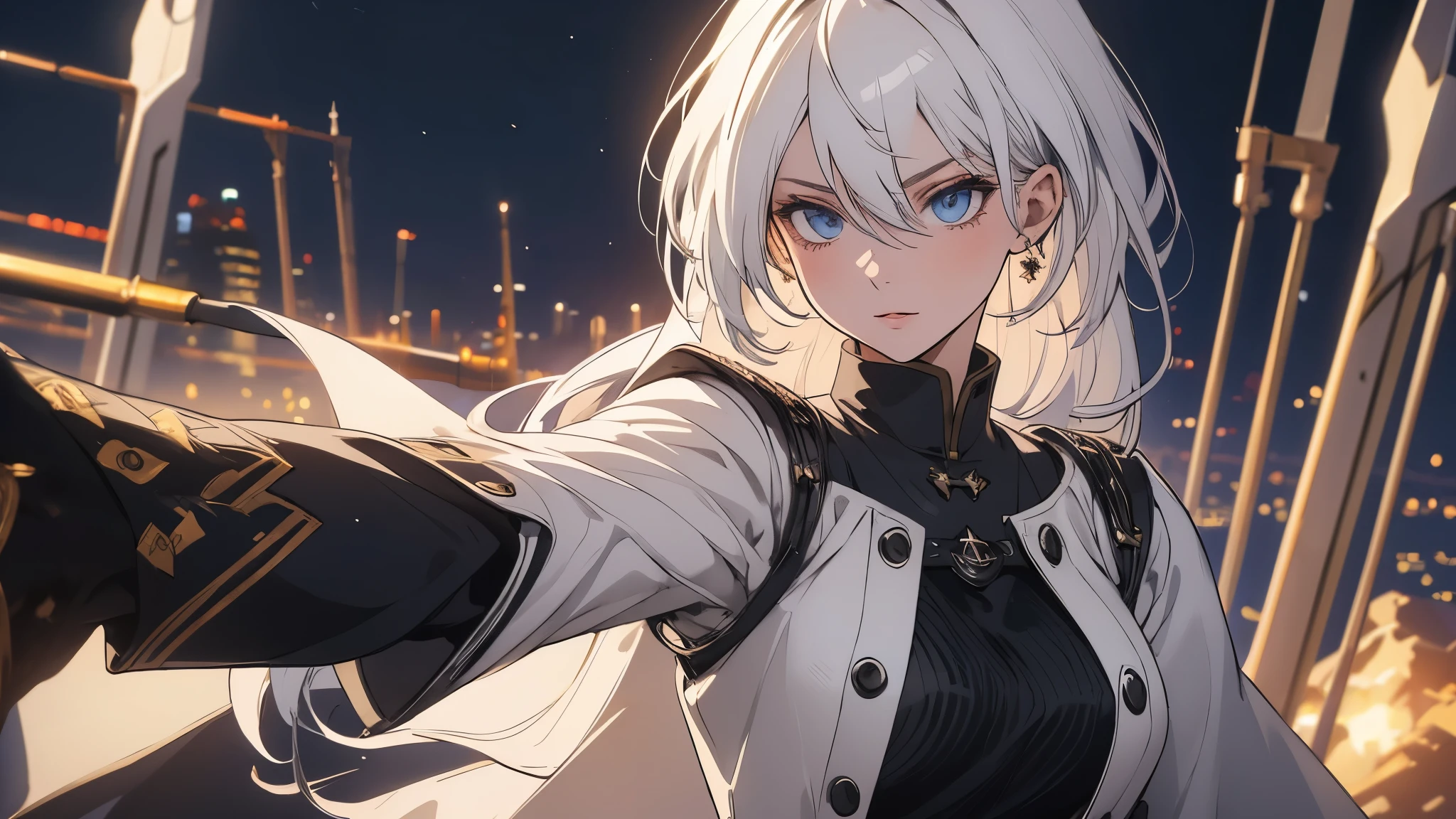 (extremely detailed CG unity 8k wallpaper), (masterpiece), (best quality), (ultra-detailed), (best illustration), (best shadow), (absurdres) ,(detailed eyes), 2b, 1girl, long hair, white hair, solo, Intimidating women, admiral uniform, night, hero pose, white clothes, General Uniform, Military Uniform, Sunlight, exposed to sunlight,commander, fighting pose, wearing cape, cyber city background