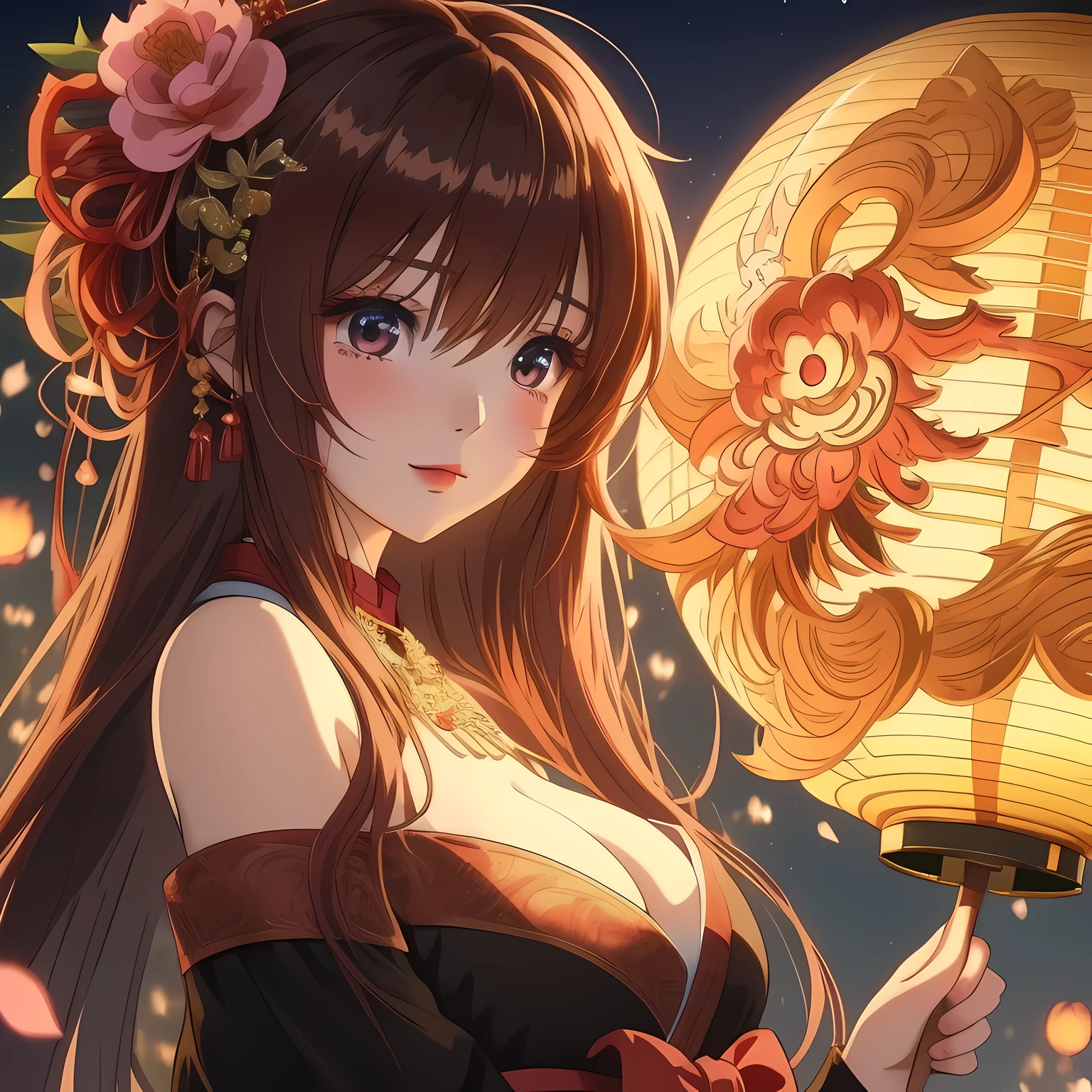 Wearing dragon lantern、Anime girl with flowers in her hair, anime style 4k, beautiful anime girl, anime wallpaper 4k, anime wallpaper 4k, Anime Art Wallpaper 4k, Anime Art Wallpaper 4k, Animation Art Wallpaper 8k, 4k anime wallpaper, Attractive anime girl, Beautiful anime woman, night nucleus, 4k comic wallpaper, young anime girl