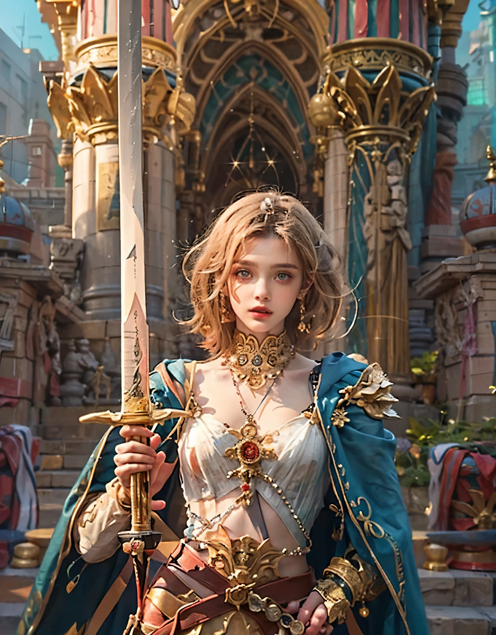 8k, RAW photo, best quality, masterpiece, realistic, photo-realistic, clear, professional lighting, beautiful face, best quality,ultra high res
BREAK

female hero,20 years old,short hair,golden hair,light brown hair,bright blue eyes,simple makeup,separated multi-layered armor,complex and luxurious decorations,midriff-baring,exposure-heavy,mystical and majestic ruins,(Full body, :1.4)(He holds a holy sword in his hand, with luxurious decoration and a mysterious and majestic presence, :1.4)