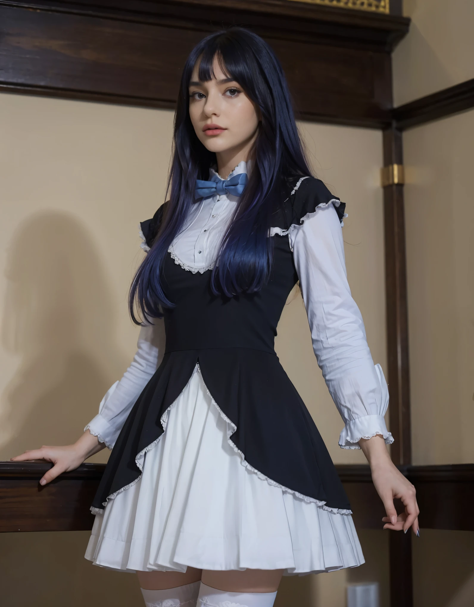 ((masterpiece)), ((highres)), ((detailed background)), 1girl, full body, best quality, 8k, photograph, athletic, standing position, asian-european, strong body, slim body, bowtie, frills, black dress, puffy sleeves, short over long sleeves, long sleeves, deepblue hair, vivid blue hair, long hair, whole hair painted blue, frederica bernkastel, purple hair, dress, bowtie, mary janes, socks, cat tail, tail bow, tail ornament, purple eyes, constituir, Volumetric lighting, Mejor calidad, obra maestra, detalles intrincados, mapeo de tonos, sharp focus, hiper detallado, tendencia en artstation, Realista, belleza de talla mundial, joy face, vista frontal, detailed background, centered photo, perfectly drawn hands