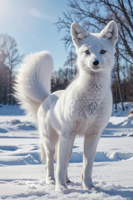 arctic fox,white fur,beautiful detailed eyes and face,long bushy tail,graceful movements,icy blue surroundings,snow-covered landscape,(best quality,highres),(realistic:1.37),wildlife photography,soft natural light,vivid colors