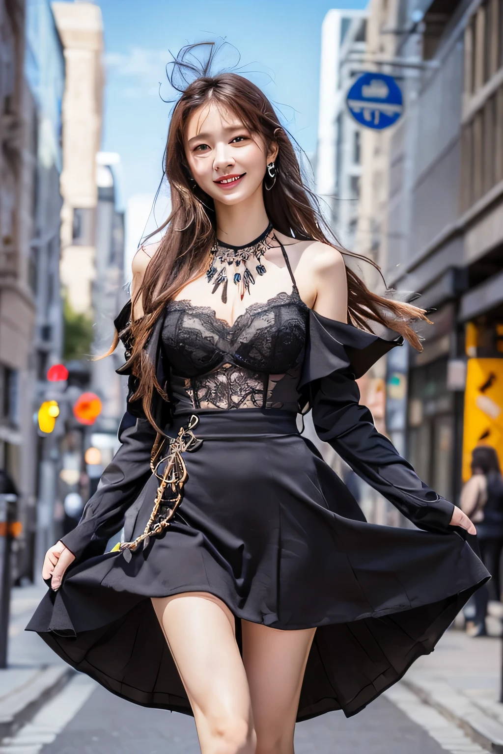 ((highest quality, 8k, masterpiece :1.3)), 1 girl, smile, whole body, slim face, Beautiful woman, (dark brown hair), full length dress :1.1, super detailed face, fine eyes, double eyelid, blur background, slim face, city, outside, street,