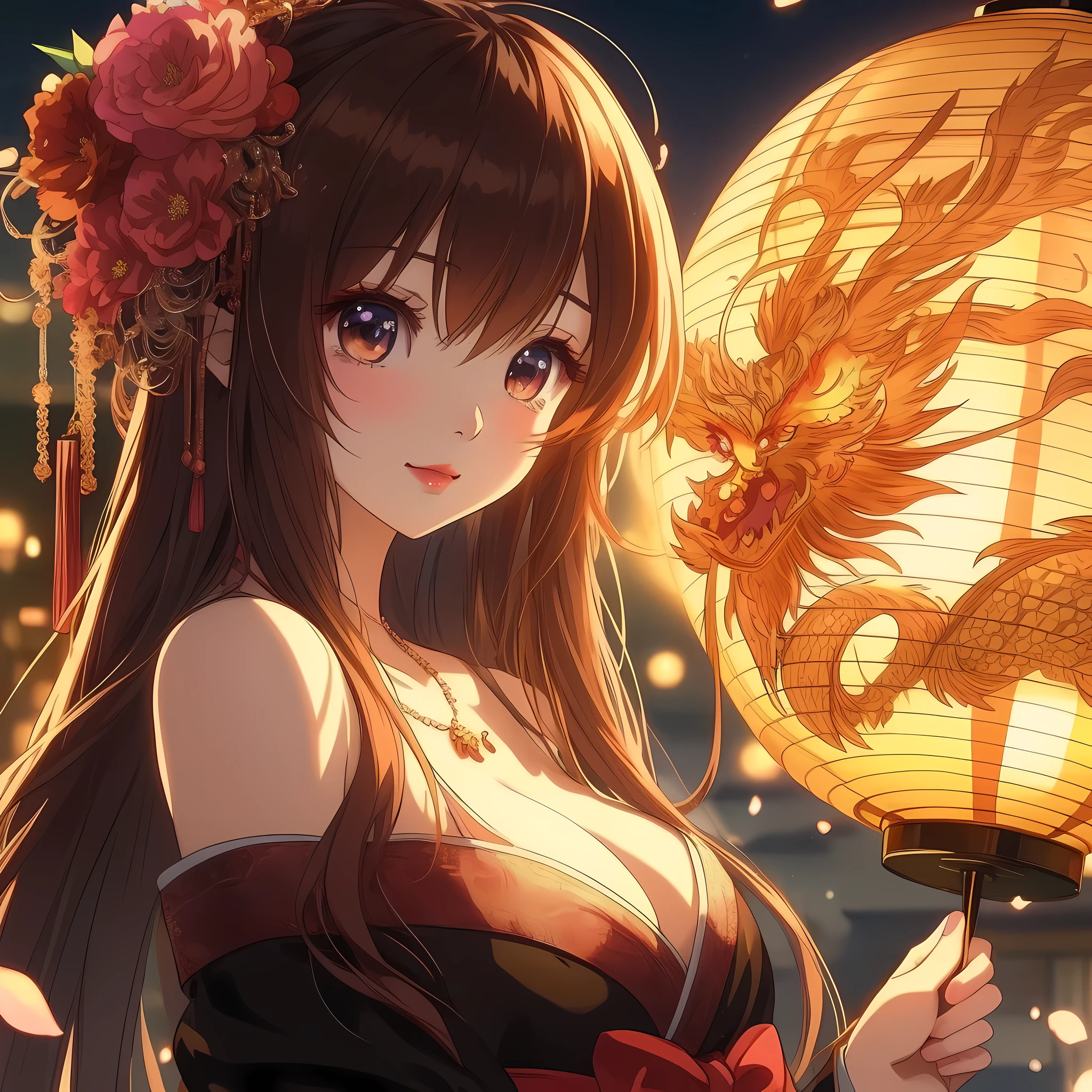 Wearing dragon lantern、Anime girl with flowers in her hair, anime style 4k, beautiful anime girl, anime wallpaper 4k, anime wallpaper 4k, Anime Art Wallpaper 4k, Anime Art Wallpaper 4k, Animation Art Wallpaper 8k, 4k anime wallpaper, Attractive anime girl, Beautiful anime woman, night nucleus, 4k comic wallpaper, young anime girl