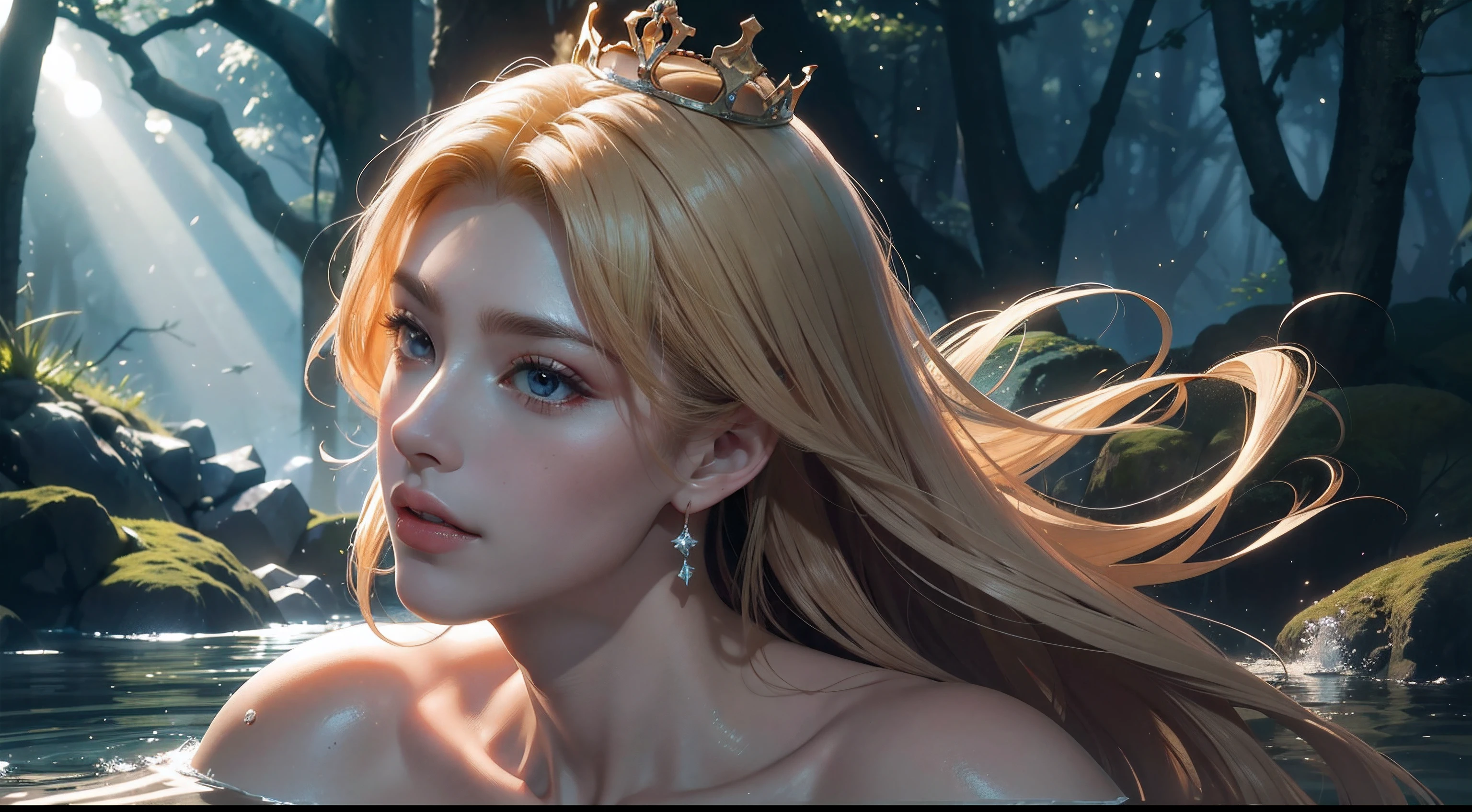 (Live Fantasy Poster), beautiful composition, Gorgeous underwater lights, "1 boy, (Sosuke Aizen), close up, bad posture, bleach, Strong aura, purple halo", HD, An unparalleled masterpiece, Dynamic lighting, , epic "(dynamic poses), confident, A powerful and mysterious smile, (crown), beautiful blonde, (perfect facial features)", (enchanted forest: 1.3), (Magical brilliance: 1.2), Elegant and classy, (Secluded beach: 0.8), (shell: 0.9), (flawless skin: 1.2), A masterpiece with stunning details, best quality: 1.2),