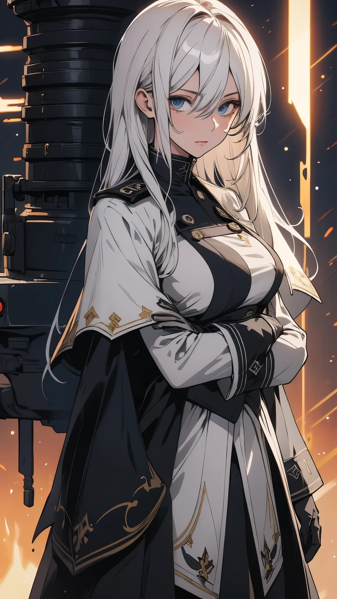 (extremely detailed CG unity 8k wallpaper), (masterpiece), (best quality), (ultra-detailed), (best illustration), (best shadow), (absurdres) ,(detailed eyes), 2b, 1girl, long hair, white hair, solo, Intimidating women, admiral uniform, night, hero pose, white clothes, General Uniform, Military Uniform, Sunlight, exposed to sunlight,commander, fighting pose, wearing cape, cyber city background