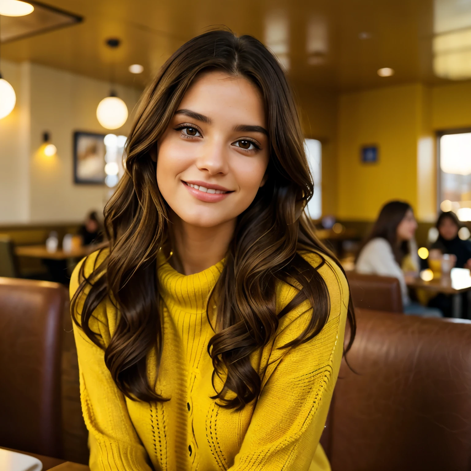 Cute beautiful brunette with long wavy hair wearing a yellow sweater (in a modern cafe at sunset),28 years, flirts with the camera, 4k, Subtle smile, canon, 85 mm, light depth of field, Kodak Ektar 200, perfectly fitting body, extremely detailed ,UHD