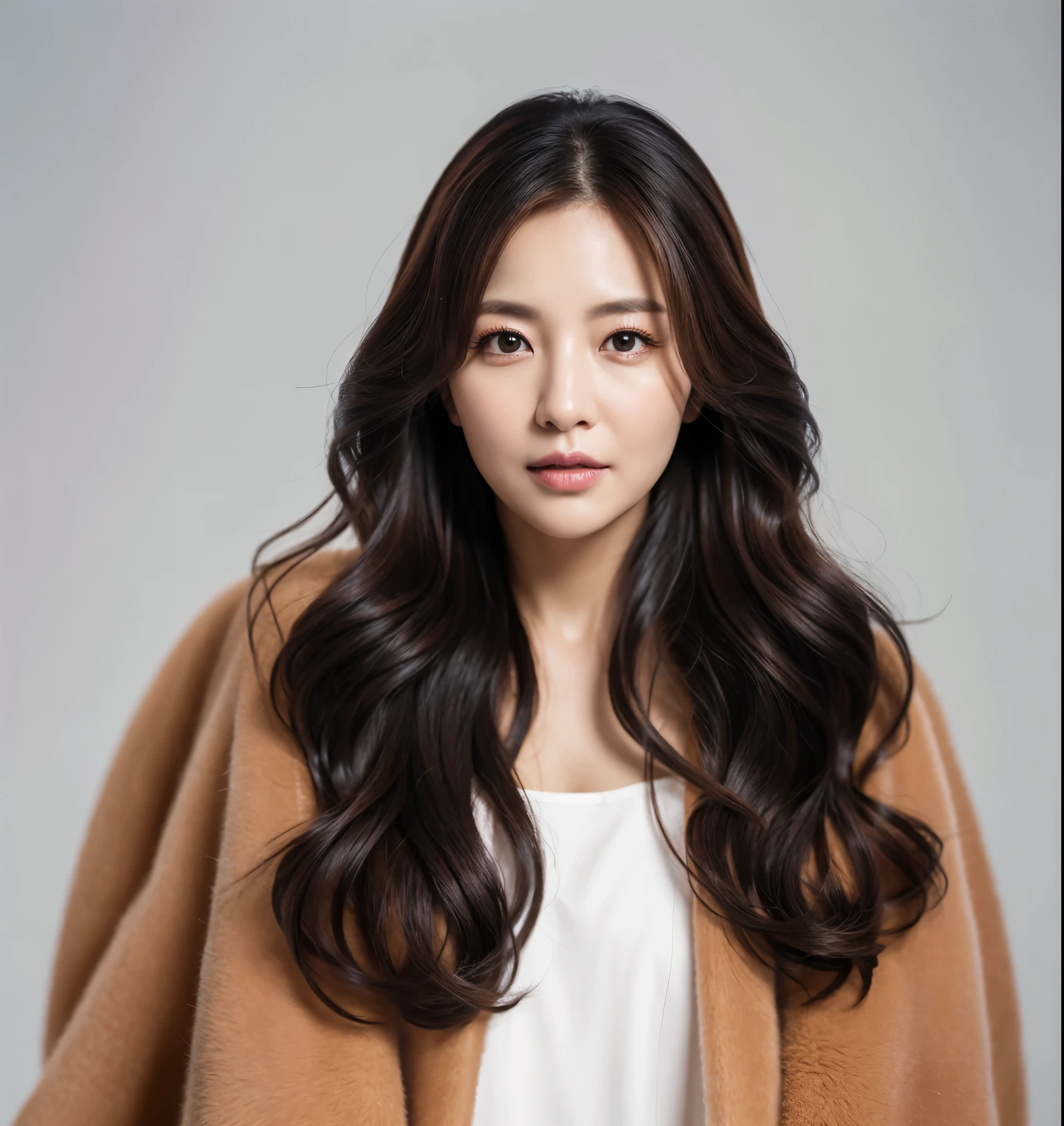（In reality， high resolution：1.3, masterpiece, 8K, best quality, ultra detailed, studio shoot, photo realistic:1.4, photography), shiny hair, Korean woman in her 40s