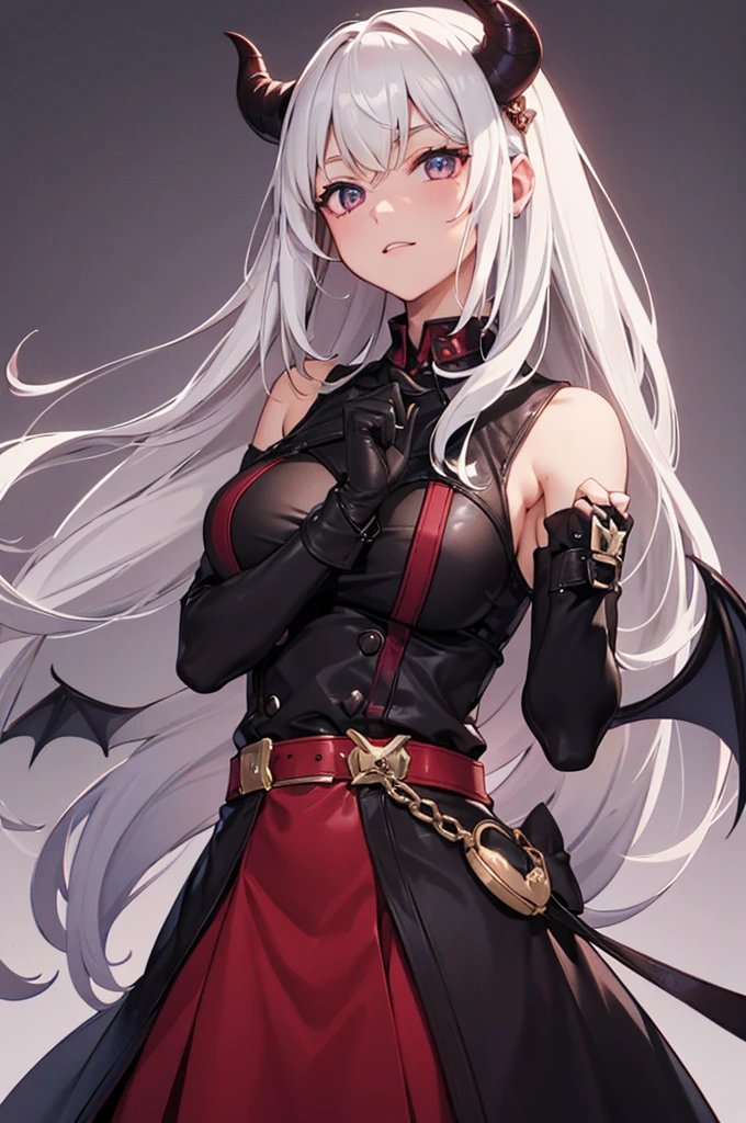 1girl, ashen_blond_hair, long_hair, bangs, eyepatch, red_eyes, two_side_up, hair_over_one_eye, blush, medium_breasts, Black_trench_coat, gauntlets, Black_pantyhose, grey_shorts, pale skin,