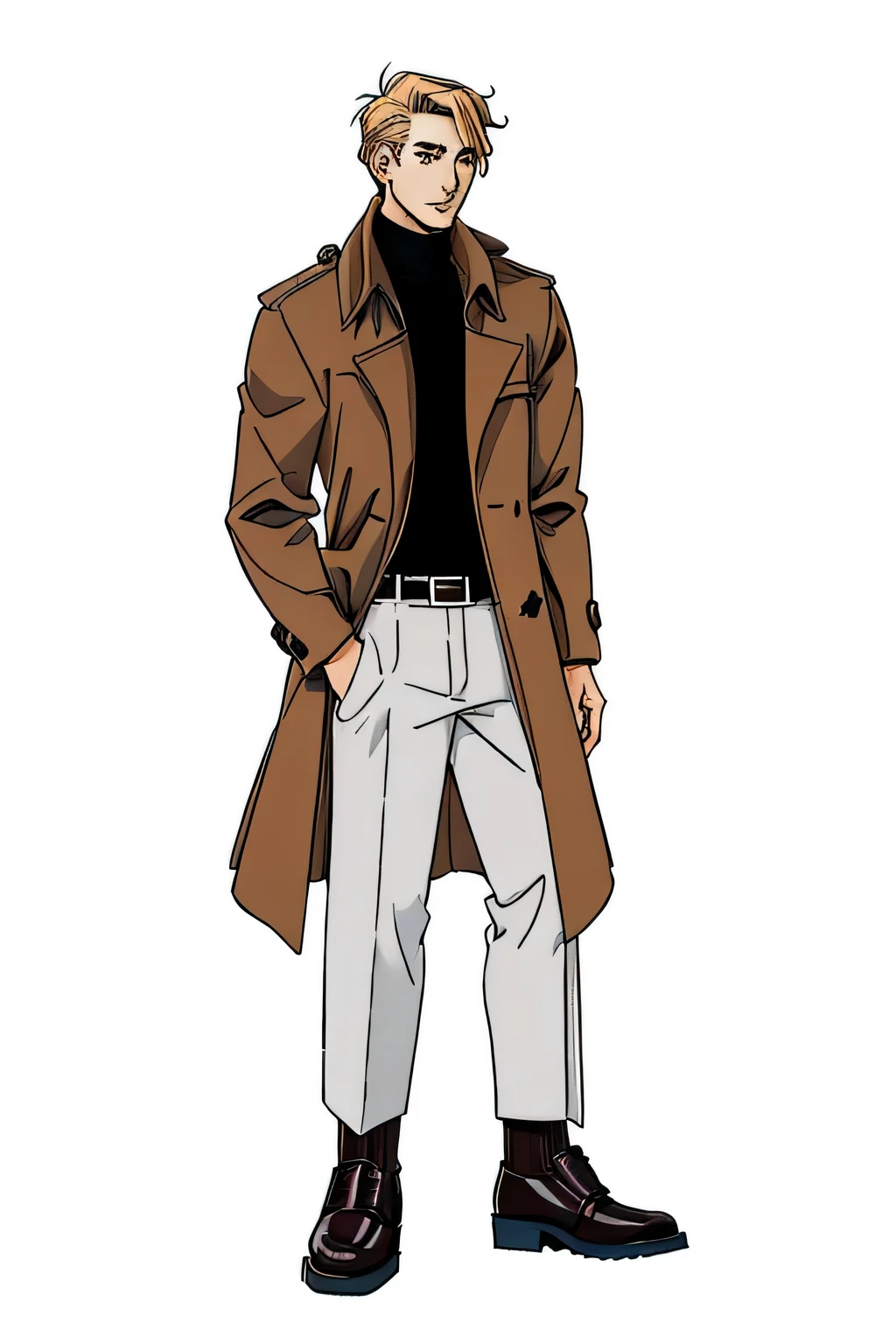 arafad'Drawing of man wearing coat and trousers, he is wearing a trenchcoat, ( ( wearing a long coat ) ), Single character full body, full body illustration, full body character concept, 1970s men's clothing'clothing, full body character, Kentaro Miura style, Male proportion, unrealistic character concept, Male character design