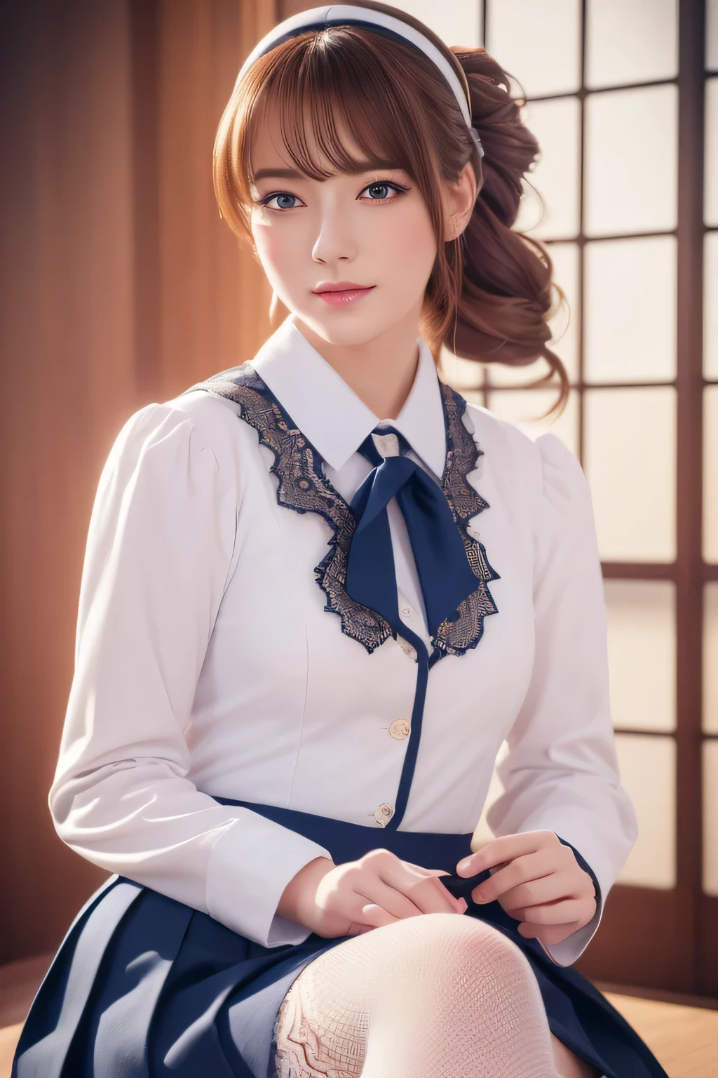 (highest quality,4k,8k,High resolution,masterpiece:1.2), Super detailed, (realistic,realistic,realistic:1.37), woman with two tails, JK uniform, long stockings with white lace trim, bright colors, soft lighting