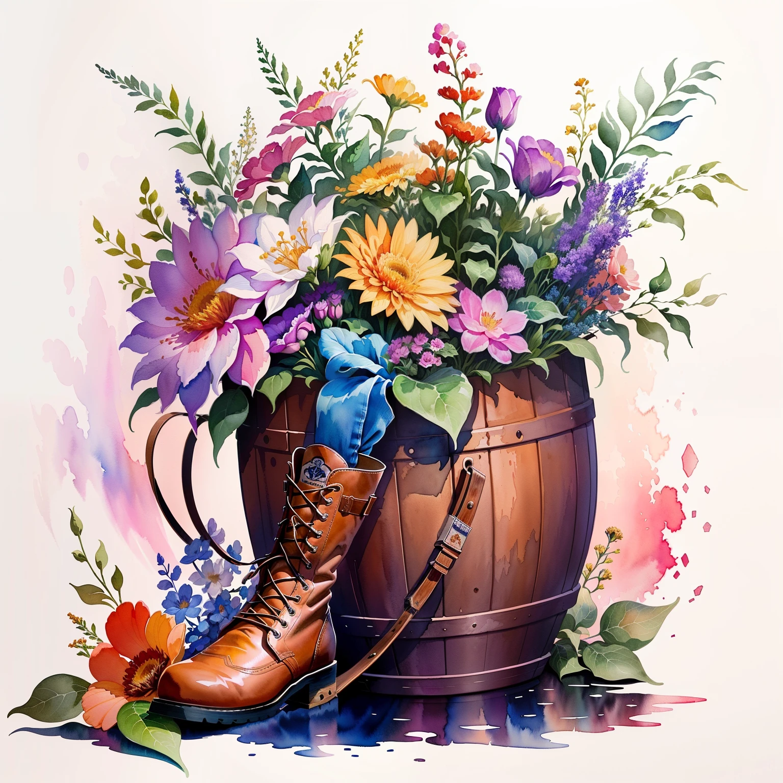 there is a painting,drawing a bucket,With flowers and cowboy boots on it, Full color illustration, Full color digital illustration, watercolor digital painting, A beautiful artistic illustration, The numbers are very detailed, Just a joke, Watercolor detailed art, Watercolor illustration style, Highly detailed digital painting, Stylized digital illustration, Digital art is very detailed, Full color drawing, Beautiful digital art work