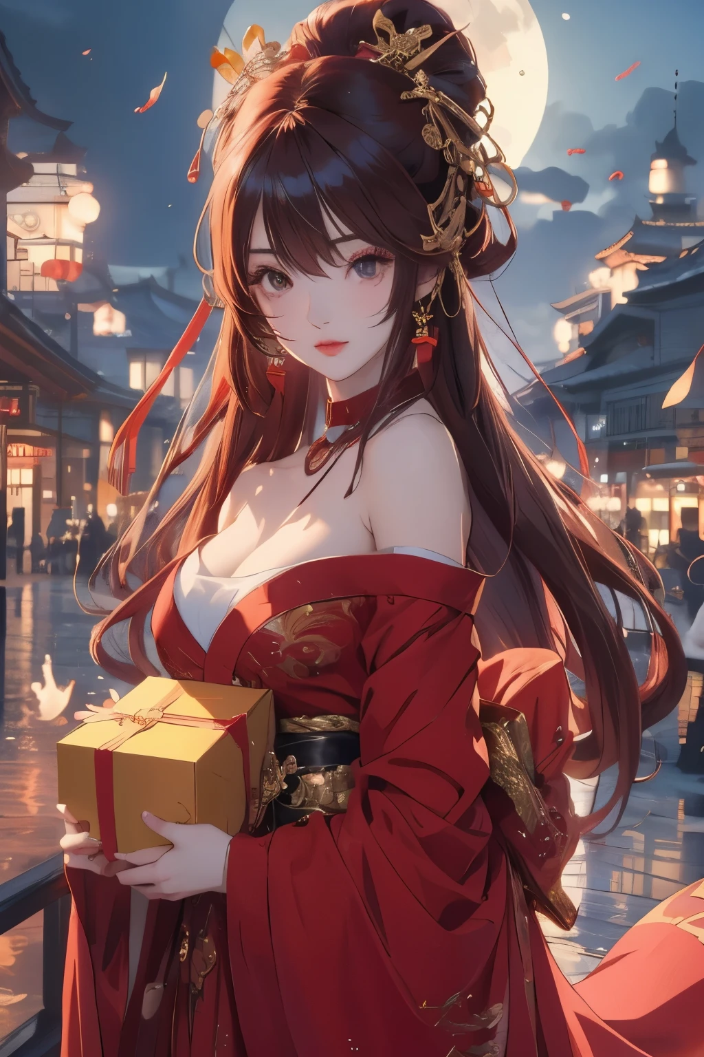 Anime girl in red dress holding a box in her hands，Holding a gold box in hand, anime style 4k, Beautiful anime girl, Beautiful anime woman, Beautiful charming anime woman, 4k anime wallpaper, Beautiful anime, 4k comic wallpaper, anime art wallpaper 8k, Cute anime waifu wearing beautiful clothes, seductive anime girl, anime wallpaper 4k, anime wallpaper 4k