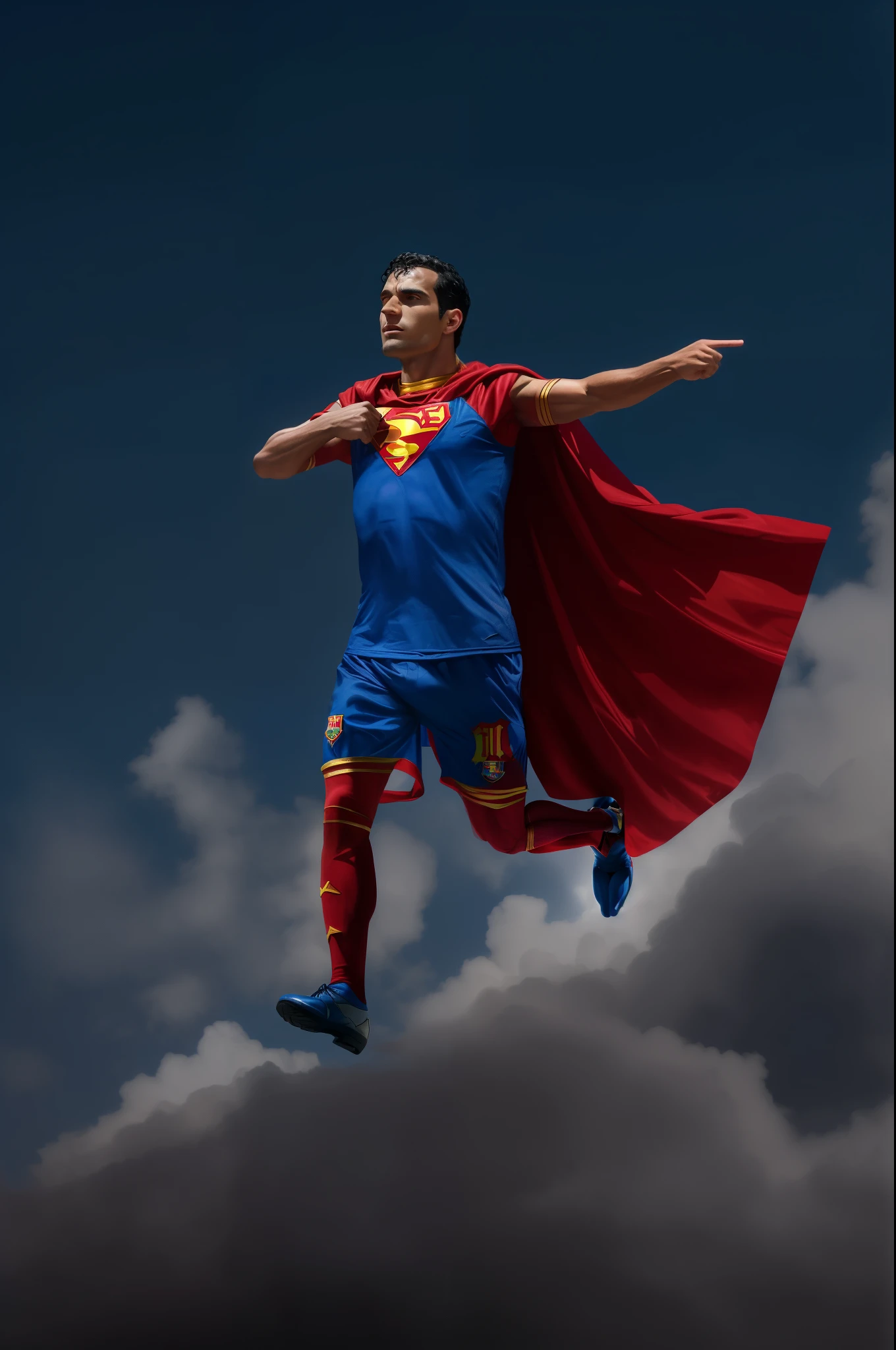 arafed man in a blue shirt and red cape is jumping, superhero, wearing a barca cape, with cape, super hero, best on adobe stock, hero, super hero pose, his cape is the american flag, inspired by Jules Tavernier, superman pose, blue cape, wearing a cape, puerto rican super hero, embrace the superego, football mascot
