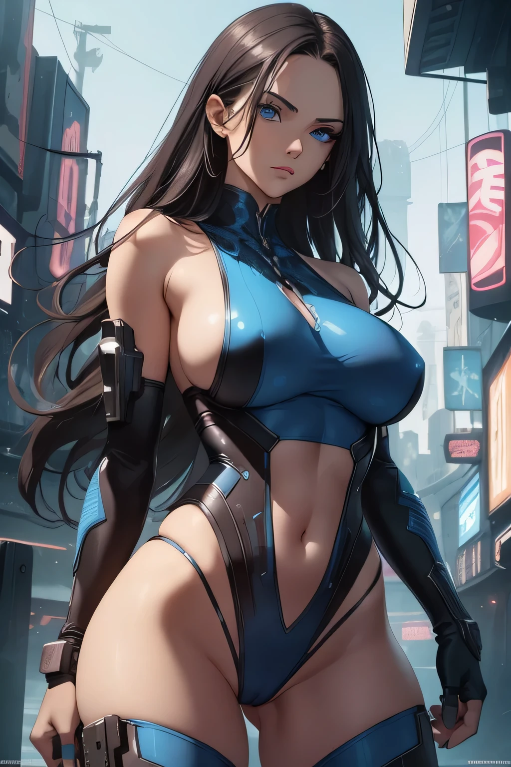 1 beautiful woman, fair skin, long dark hair, blue eyes, ((detailed eyes:1.2)), large breasts, nsfw, wearing sexy outfit, futuristic, cyberpunk, sexy, sensual, sleeveless, sideboob, underboob, masterpiece, top quality, best quality, official art, beautiful and aesthetic:1.2), extreme detailed, colorful, highest detailed