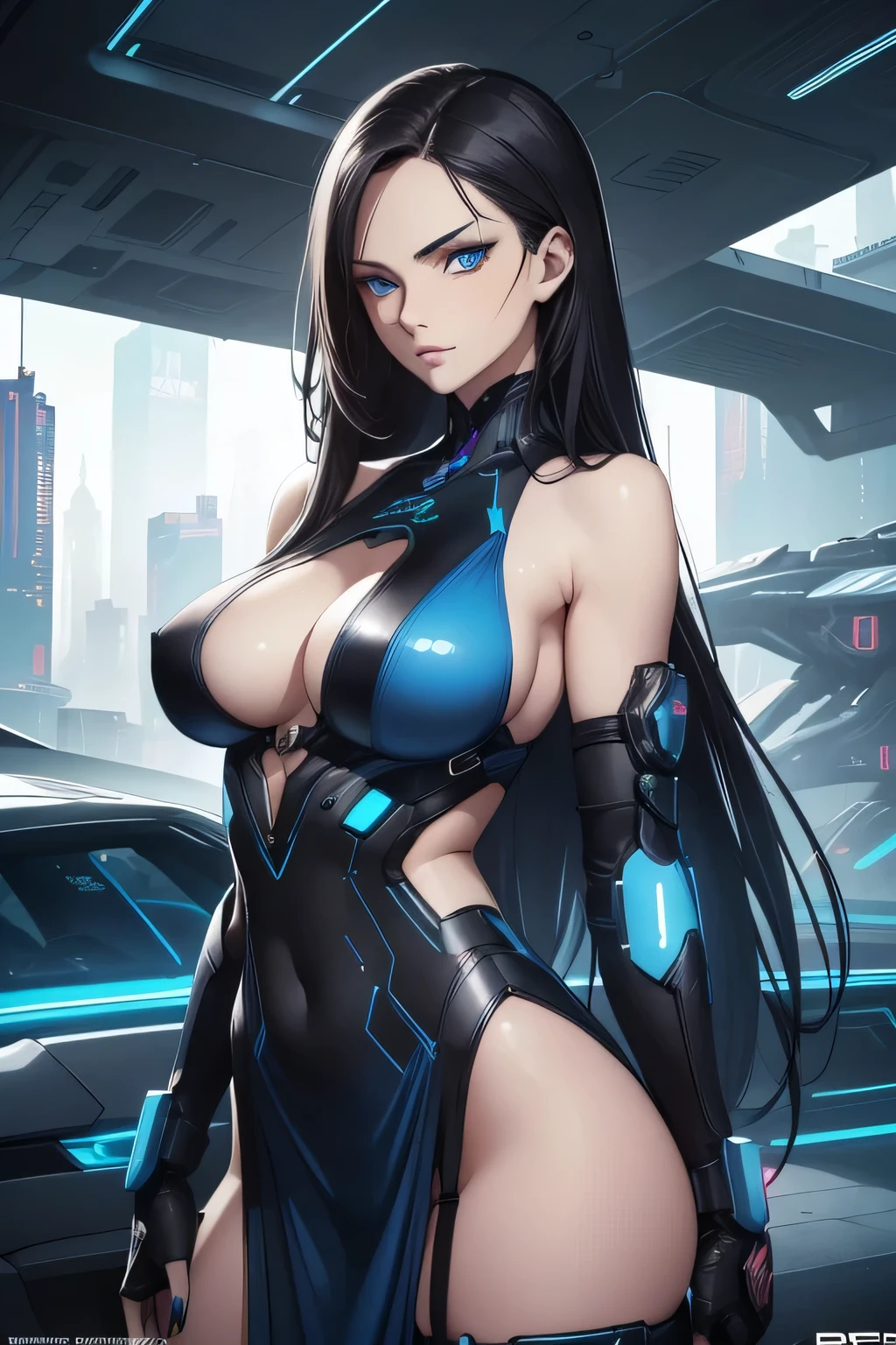 1 beautiful woman, fair skin, long dark hair, blue eyes, ((detailed eyes:1.2)), large breasts, nsfw, wearing sexy outfit, futuristic, cyberpunk, sexy, sensual, sleeveless, sideboob, underboob, masterpiece, top quality, best quality, official art, beautiful and aesthetic:1.2), extreme detailed, colorful, highest detailed