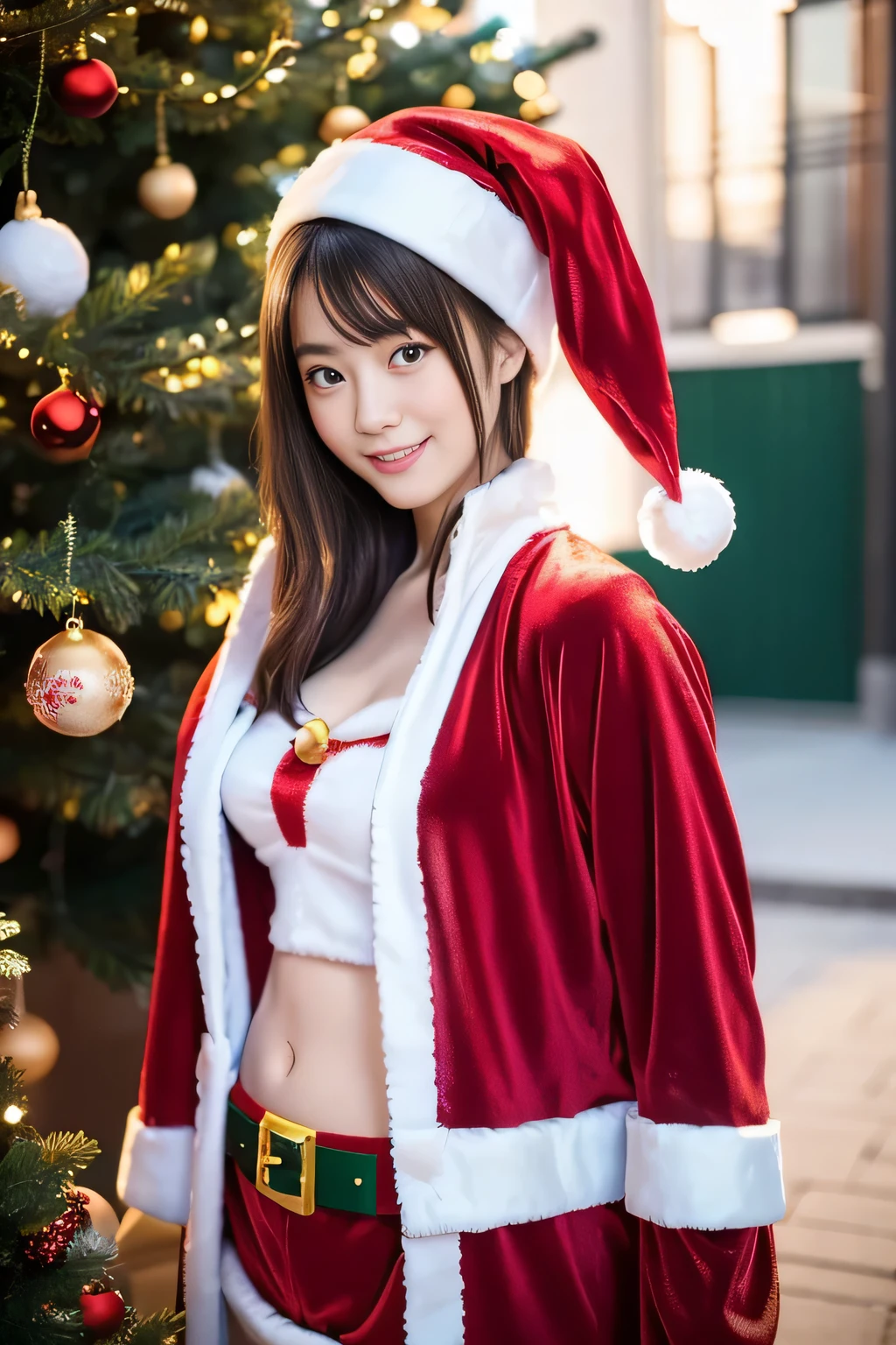 anatomically correct,masterpiece of,High resolution,(cute santa claus costume:1.5),(The material of the costume is fine velvet:1.4),(Emphasize the fluffiness of the white parts of the costume:1.4),20-year-old, japanese woman, (random posture:1.4),professional lighting,((japanese hair)),((natural smile)),超be familiar withな、high quality texture、intricate details、be familiar with、Very be familiar with CG、high quality shadow、be familiar with 美しく繊細な顔、Beautiful details and delicate eyes、written boundary depth、ray tracing,1 girl, japanese girl, Fashion Model, thin,warm atmosphere,Outdoors with a Christmas atmosphere