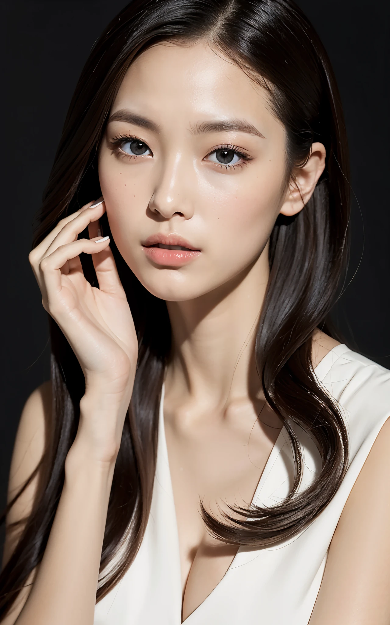 1 FEMALE-FOCUSED, A BEAUTIFUL FEMALE MODEL HAS A COSMETIC BOTTLE IN HER HANDS, WEARING WHITE SHIRT, THE MODEL'S SKIN IS HEALTHY AND CLEAR, AND THE COSMETICS BOTTLE SHINES LUXURIOUSLY, SKIN CARE, FLOWER, COSMETICS COMMERCIAL PHOTOS, CLEAN ATMOSPHERE, IN THE STUDIO, SHOT ON HASSELBLAD CAMERA, MEDIUM FORMAT, DRAMATIC LIGHTING, LUXURY BRAND COSMETIC