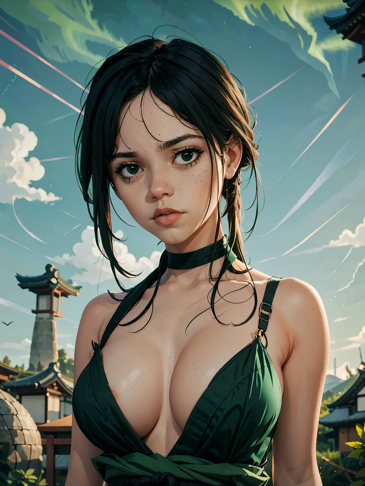 one white girl, bust, solo, upper body, very short shaved haircut, black eyes, black hair, choker, nsfw, (japanese clothes:1.3), huge breasts, open breasts, naked breasts, exposed breasts, nude, bare shoulders, masterpiece, highly detailed, look at viewer, (blured background, smoothed background, green sky background:1.3), sigma face, cunning face, front view