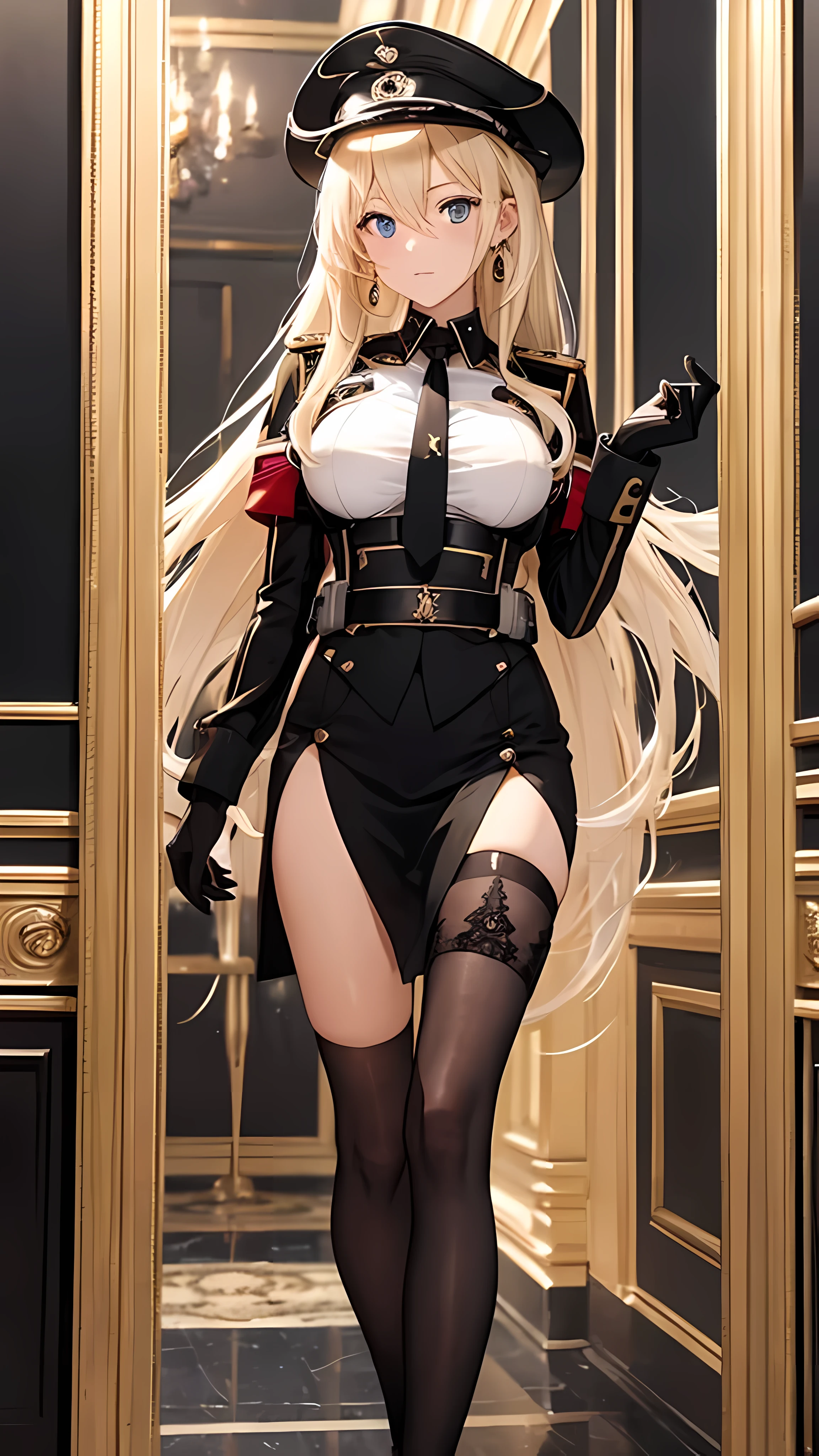 ((masterpiece, best quality)), {full body}, ((1 girl)), ((beauty detailed eye)), {black business suit:1.40}, {black neck tie:1.1}, {black gloves on both hand:1.05}, {standing pose:1}, {german iron cross decoration on neck:1.15}, {white shirt:1.10}, {german admiral hat:1.10}, {black military uniform:1.10}, {black tight skirt:1.15}, {black pantyhose:1.15}, {black military shoes:1.15}, [wide hips], slim, handsome, 16k picture quality, {bismarck_azurlane:1.1}, bismarck from azur lane, standing on sea, blue_eyes, hair_between_eyes, slight smile, long_hair, breasts, beautiful detailed face, highly detailed,illustration,extremely detailed sea background wallpaper, cinematic lighting, black tight skirt, black pantyhose, mature, light_gold_long_hair, large_breasts, earrings, jewelry, cross_earrings, bangs, cinematic angle, posing caustics, looking_at_viewer