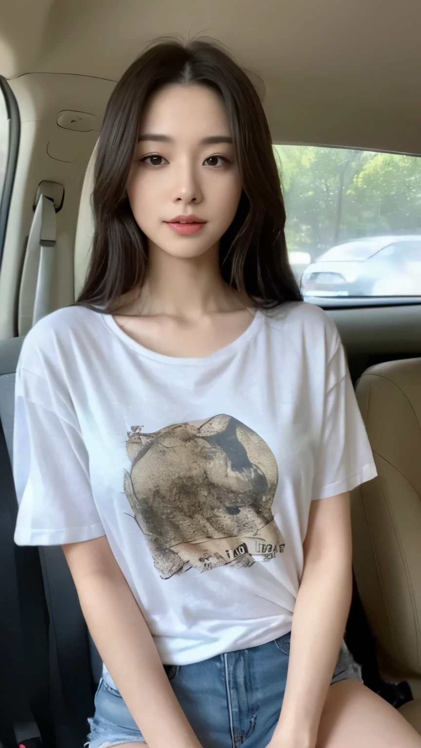 ((top-quality、8k、masterpiece:1.3))、Beautiful woman with perfect body:1.4、slim abdomen:1.2、Longhair, normal breast, Highly detailed facial and skin texture, A detailed eye, delicate eyes, double eyelid, (smile), (full body shot), ((in the car 1.1)), (sitting in the car), (((wearing casual t-shirt)), looking in front