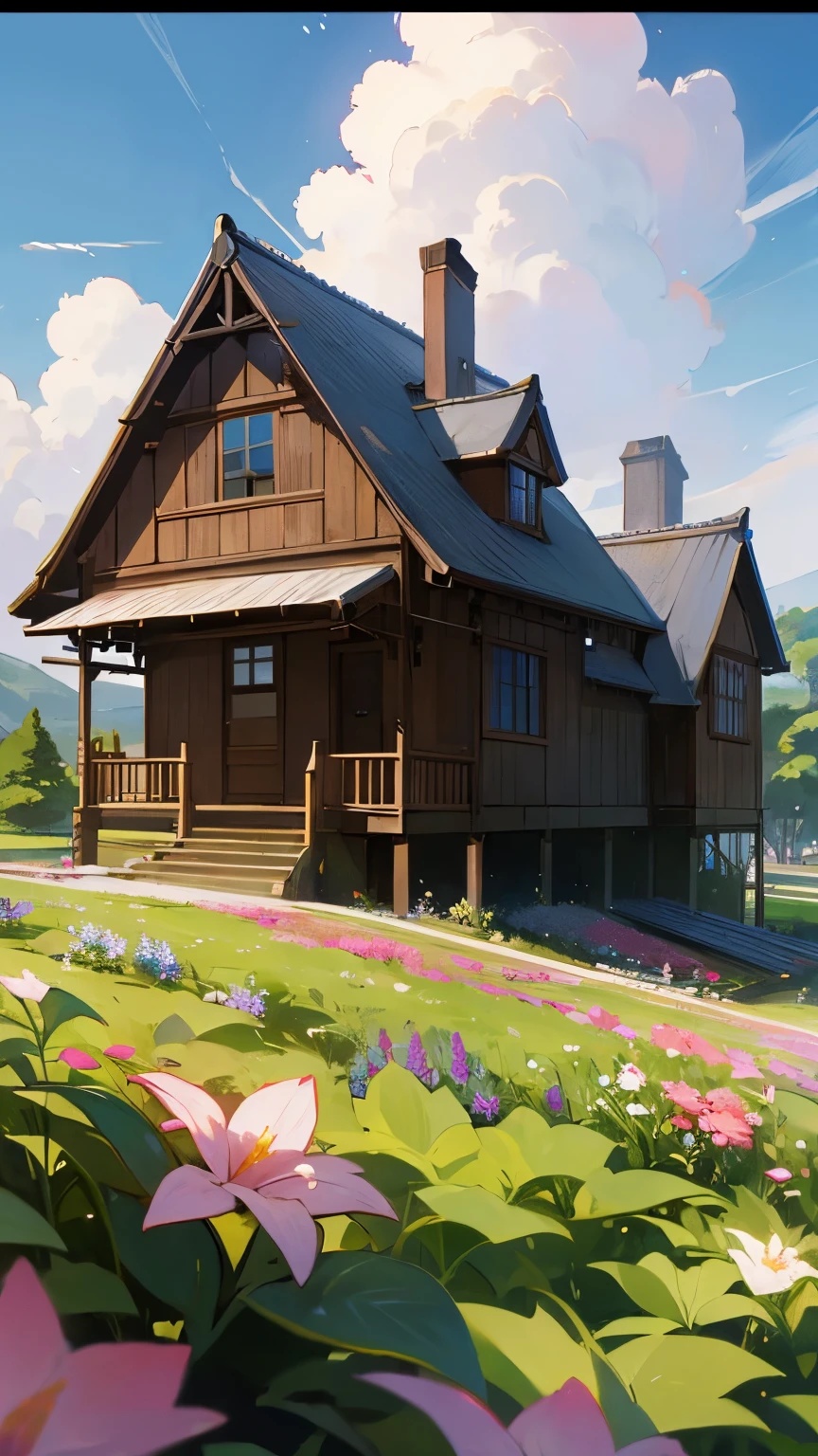 Wide field、wooden house with chimney、flower garden、detached house、anime