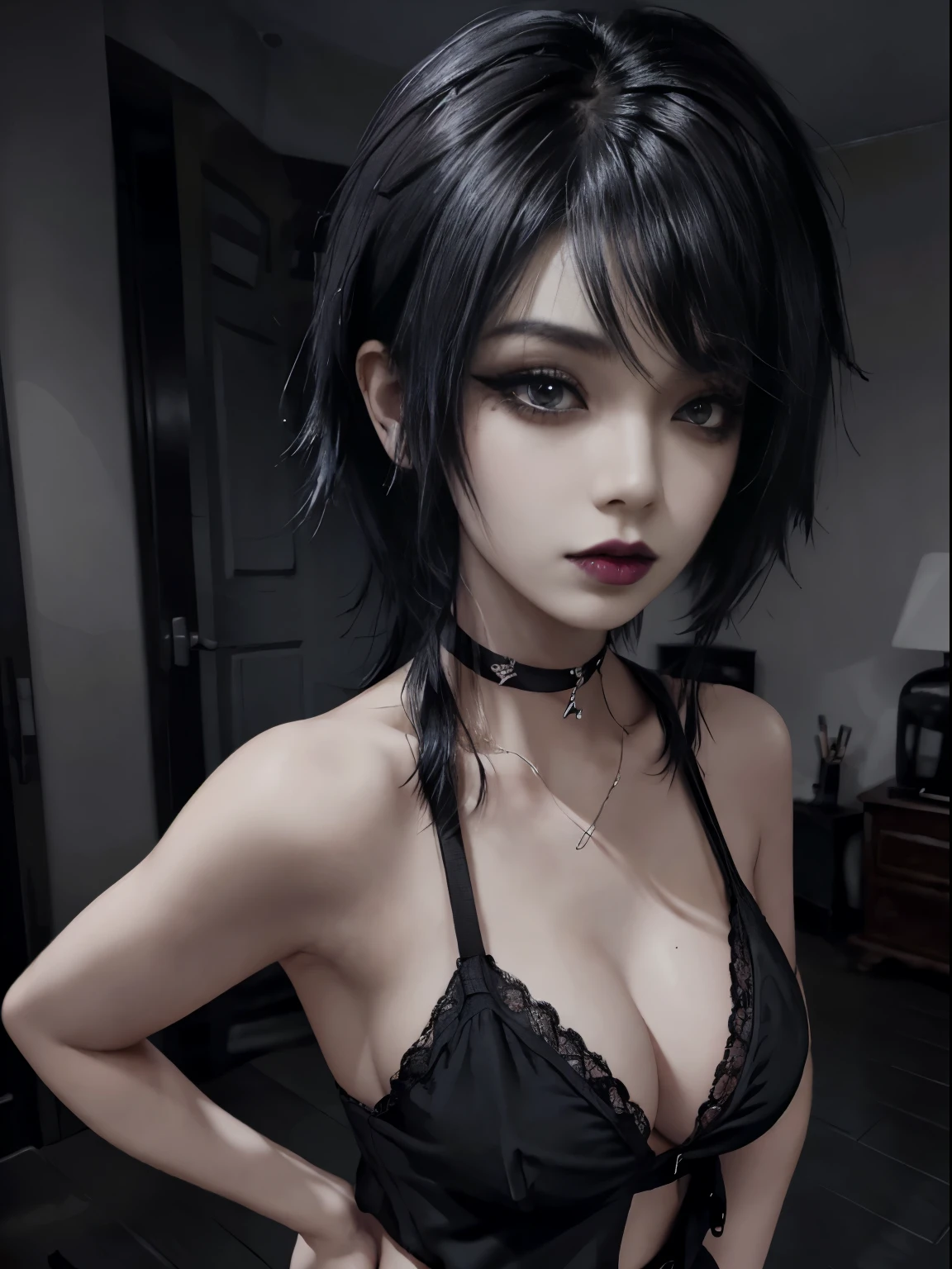 1girl, woman, emo_hairstyle, black lipstick, hands on hip, thick choker, eyeliner, eye shadow, mascara, smoky eyes, black lips, bedroom, natural lighting, bra, panties, sleeveless, perfect face