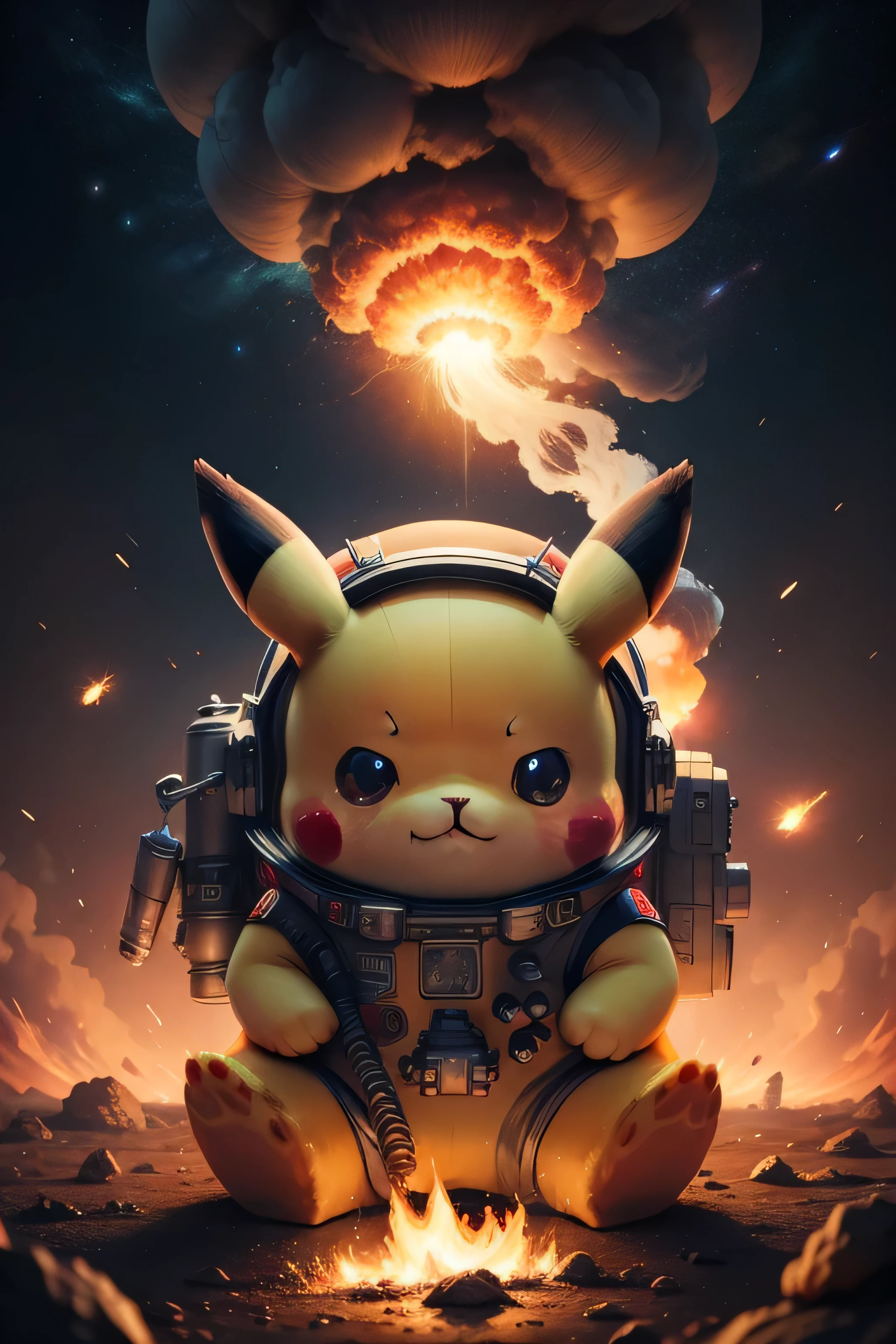 masterpiece,best quality, illustration, Pikachu wearing space suit,beautiful detailed glow,(flames of war:1.2),(nuclear explosion behide:1.3),rain,detailed lighting,detailed water,(beautiful detailed eyes:1.1),expressionless,