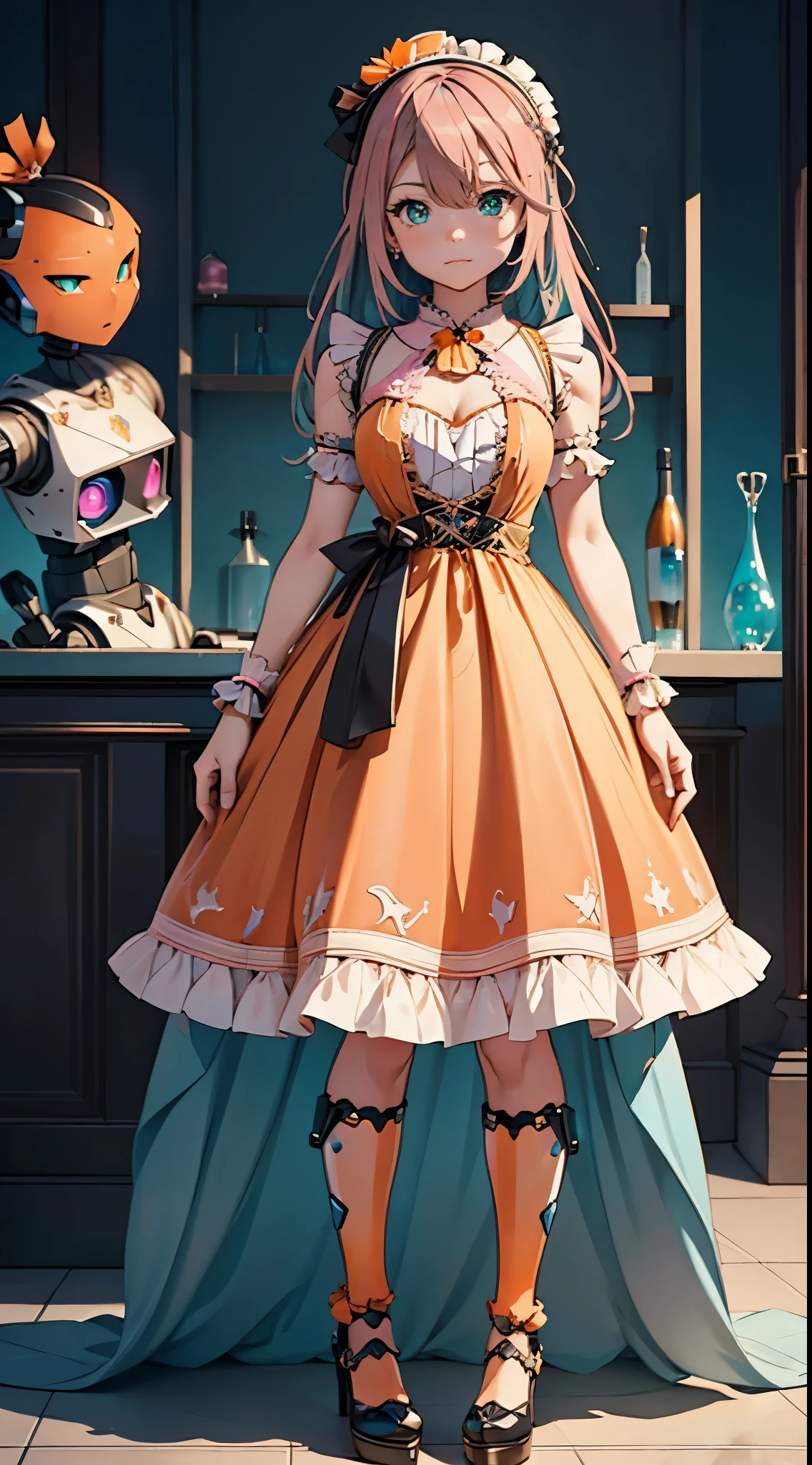 Full body, 1 woman, best quality，tmasterpiece，ultimate resolution，Soft，extremely colorful，Colored，Mermaid princess，(Orange ta Dress:1.4)，Black suspender stockings，Starrysky Android!,More detailed 8K.unreal engine:1.4 ,UHD,Best quality:1.4, photorealistic:1.4, skin texture:1.4, masterpiece:1.8,premium work, best quality,object Object], (detailed face features:1.3),(Blue Robotic Lab:1.4 ),(long pink hair:1.4),（Beautiful and detailed eye description）,(hands:1.4)