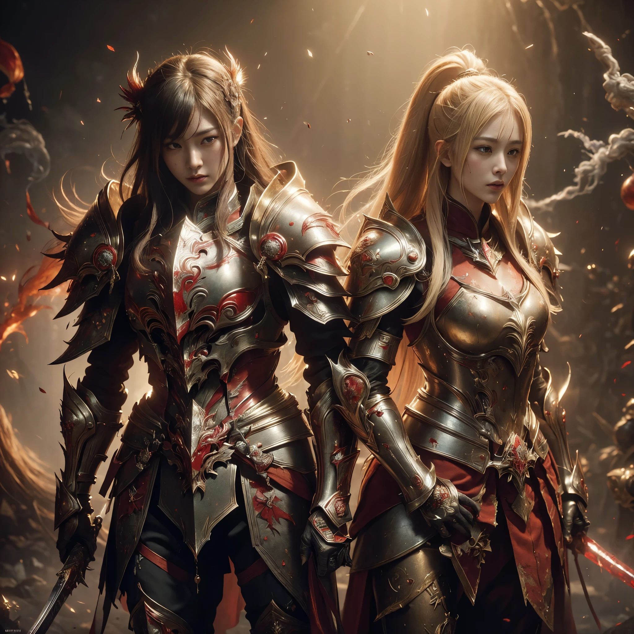 (((Realistic, masterpiece, best quality, crisp detail, high definition, high detail, sharp focus, perfect studio lightning))), 17 years old japanese girl wearing damaged armor, japan style armor, full body armor, full decorated golden armor, long straight hair, dirty, sweating, bloodstained face, blood scattered armor, bloodbath, carnage, swinging long blood scattered sword against cursed warriors, an epic war, fire everywhere, smoke everywhere, blood everywhere, death everywhere, japan edo period, brutal battle background