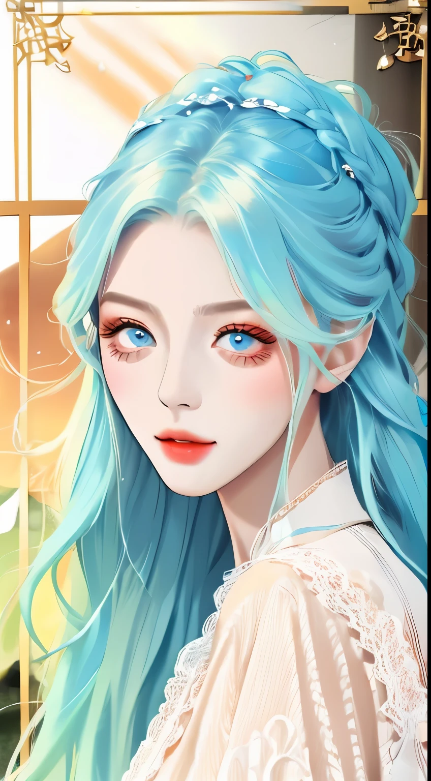 cute girl, With two rainbow-colored long hair and twisted braids, Wearing a red long-sleeved lace dress, Half-length photo, colorful clear eyes, Oriental beauty face