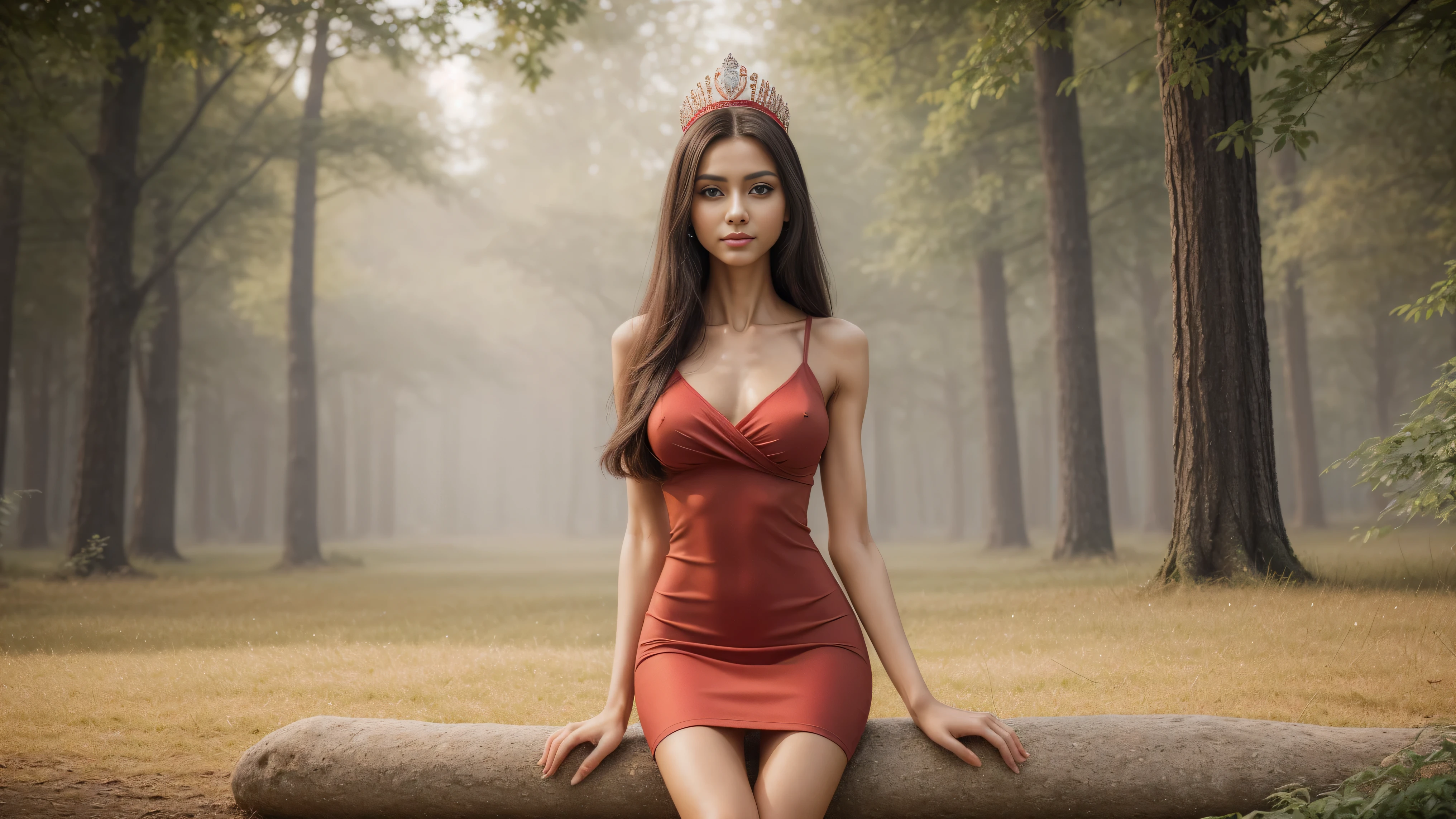 (best quality,4k,8k,highres,masterpiece:1.2),ultra-detailed,(realistic,photorealistic,photo-realistic:1.37),((1girl:1.9)), (((alone:1.9))), ((17years old)), (sharp focus), [((Raiana-Elizabeth-Dilla:1.9))], (very slim slender fit-muscled body:1.9), (((ultra-short ((red:1.5)) elegant-style minidress))),cleavage breasts,large breasts,beautiful queen,graceful posture,serene expression,proud and confident queen,crown on her head,shining jewels,flowing dark-black hair,sparkling eyes,rosy cheeks,ethereal beauty,soft lighting,(abstract background:1.2),queen of elegance,vivid colors,harmonious color palette,elegant composition,tranquil atmosphere,classic beauty,majestic presence,queen's regalia,beauty personified