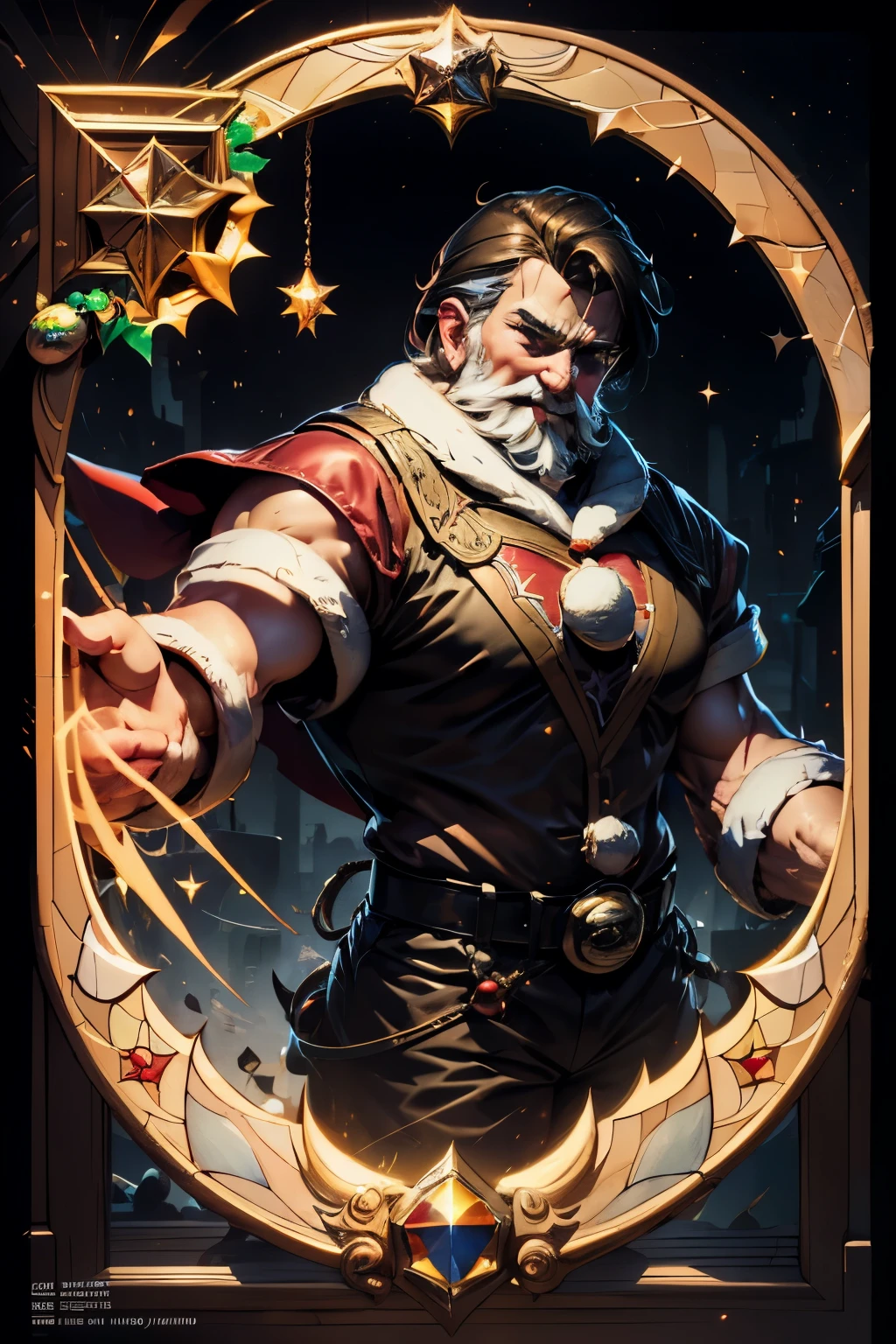 A jolly Retro Santa with a nostalgic vibe, portrayed in a classic comic book style, radiating holiday cheer, illuminated by warm and gentle lighting, colorful stained glass style, watercolor Clipart in the center on plain solid black background, high resolution, 8k, high quality, clean appearance.