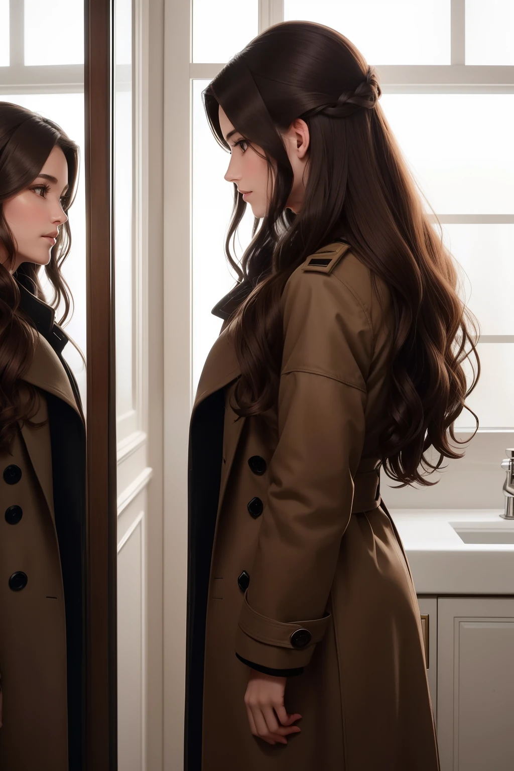 Della donned an old, weathered brown coat, the fabric worn and frayed at the edges. Her long, wavy brown hair cascaded down her back like a waterfall, each strand subtly catching the light and reflecting its rich hue. In the reflection of a nearby mirror, Della could see her image - a young, beautiful woman with delicate facial features and a soft, radiant complexion. Her slender frame was accentuated by the coat's oversized silhouette. With her hair falling in loose curls around her face, she looked at her reflection, her eyes gleaming with optimism and positivity. The scene was captured in a retro style, the warm tones