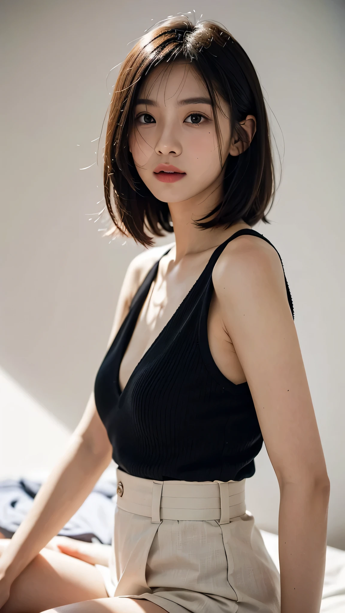 masterpiece, 1 beautiful girl, fine eyes, swollen eyes, highest quality, Ultra High resolution, (reality: 1.4), 1 girl, cinematic lighting, asian beauty,beautiful skin,body facing forward, (超reality的な), (High resolution), (8k), (very detailed), (Best Illustration), (detailed and beautiful eyes), (Super detailed), detailed face, looking at the viewer, look straight ahead, neat clothes, black sleeveless, short hair, black hair, 46 point diagonal bangs, white background, neat room,