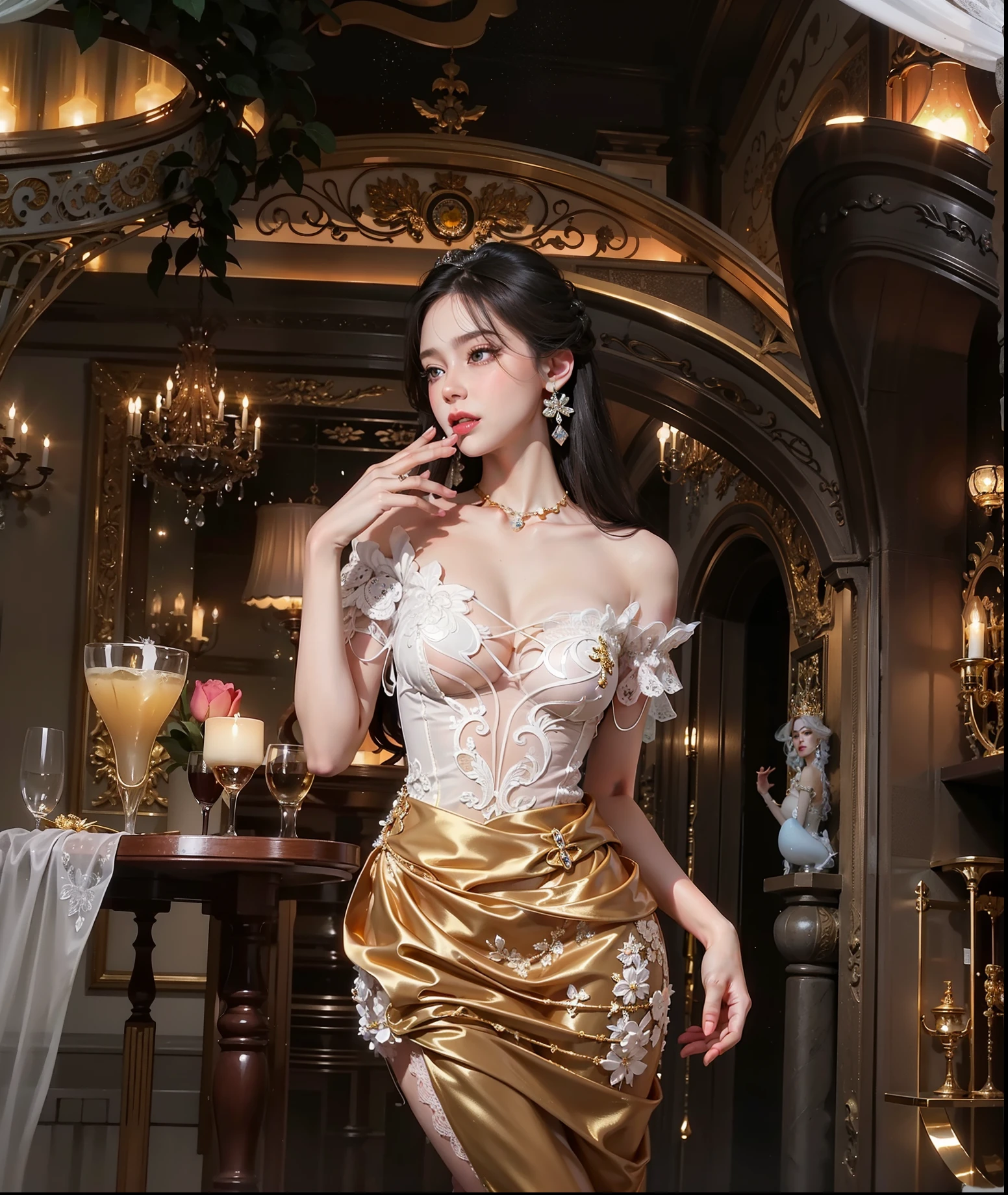Royal sister,exquisite eyes,Detailed facial expressions body,tall figure,number,Leg length,4k,HD,Sensual,White translucent lace,Fair and plump figure,pretty face,Little cherry mouth,beautiful and delicious(3D royal sister),Gorgeous dress encrusted with gemstones crystal gold diamonds,pretty face蛋,ice princess,sling