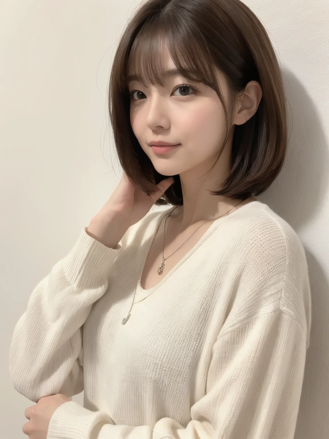 (Highly realistic photos, High resolution, detailed face, fine eyes), ((Taken in front of a white wall))、japanese woman, 40 years old, various expressions, alone:1, slim figure, different hairstyles, casual clothes, Only one person appears in the photo、long sleeve dress、Photographed in natural light、simple necklace、spring clothes、don&#39;t look at the camera、profile、dark brown hair color、bob hair、Hands are not visible