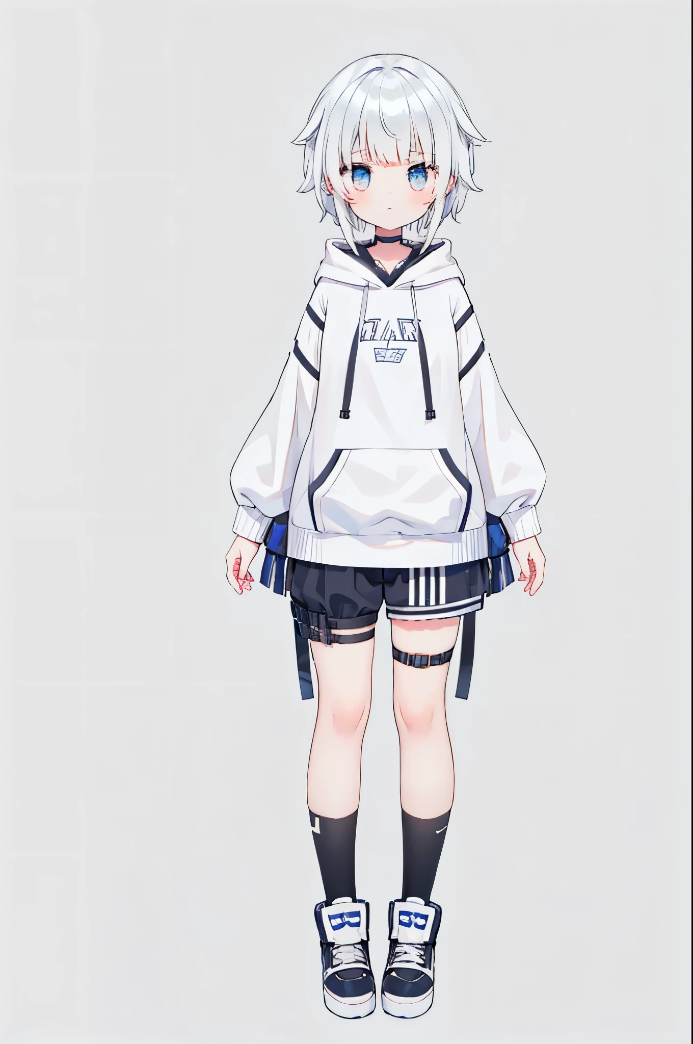 from front, full body, grey background, simple background, 1girl, 15 years old, white hair, blue eyes, hoodie, short pants, virtual youtuber, 8K, beautiful detailed eyes,