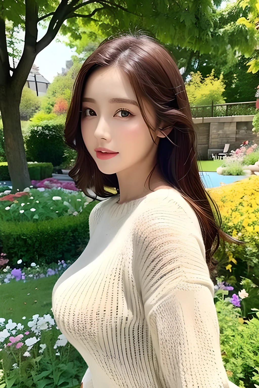 sweater, Like a photograph, big breasts, garden, 8k